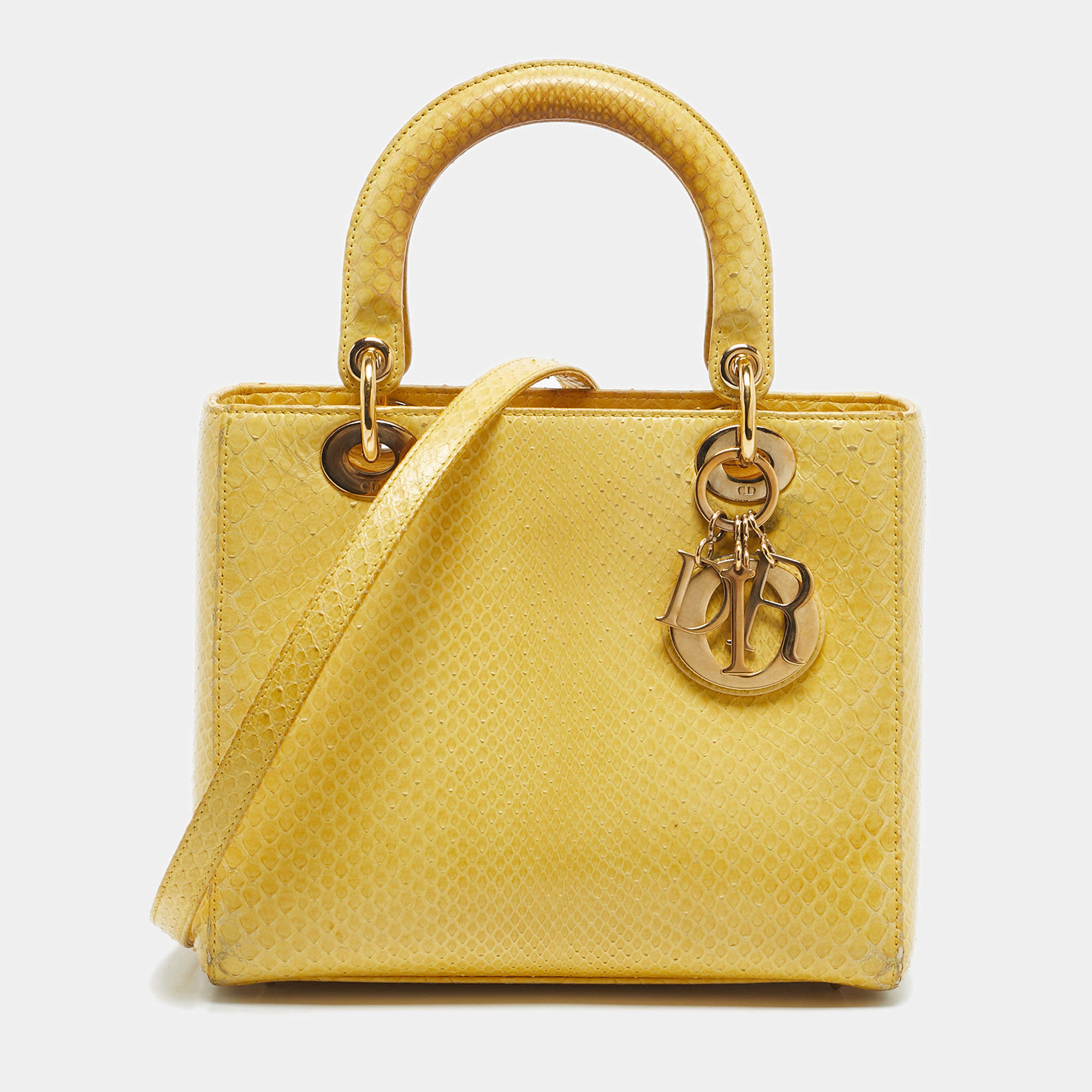 Pre Owned Dior Yellow Snakeskin Medium Lady Dior Tote