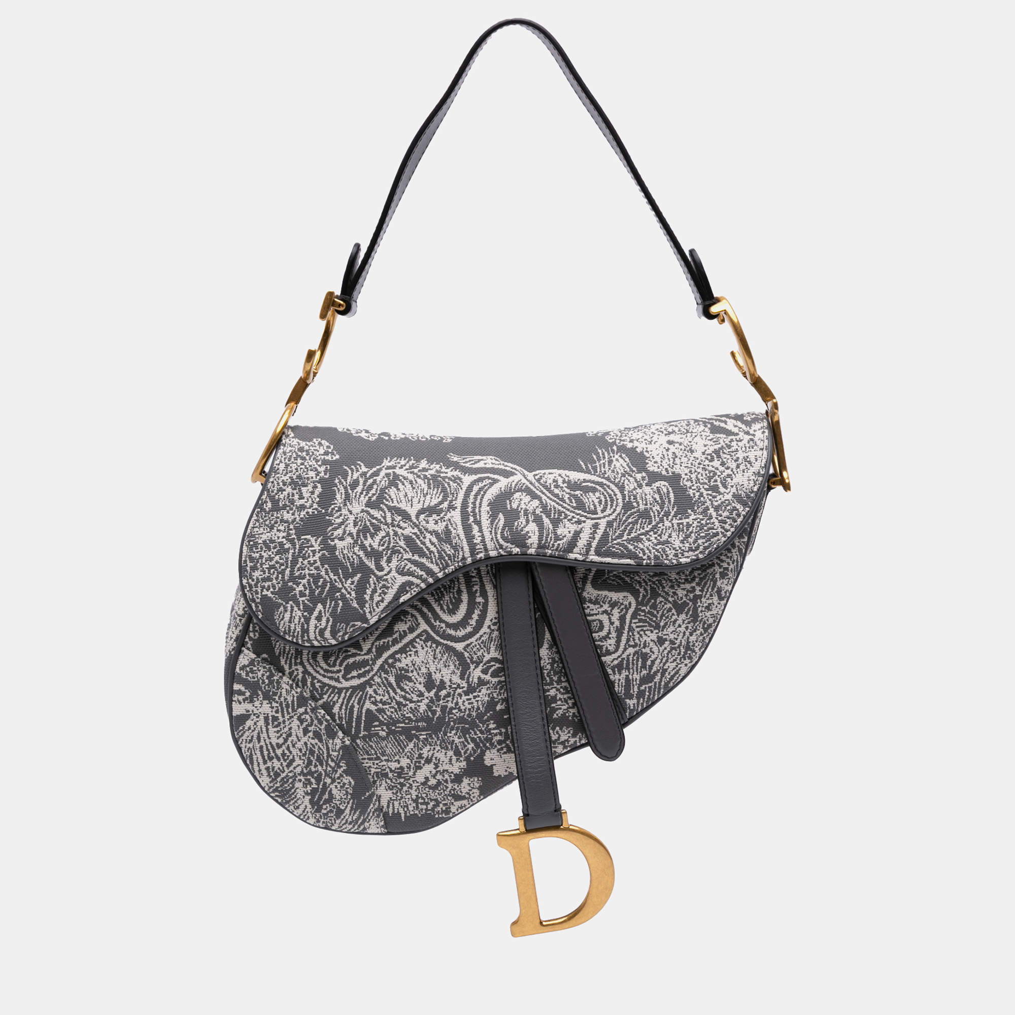 Pre Owned Dior Grey Canvas Reverse Embroidered Toile De Jouy Saddle Bag