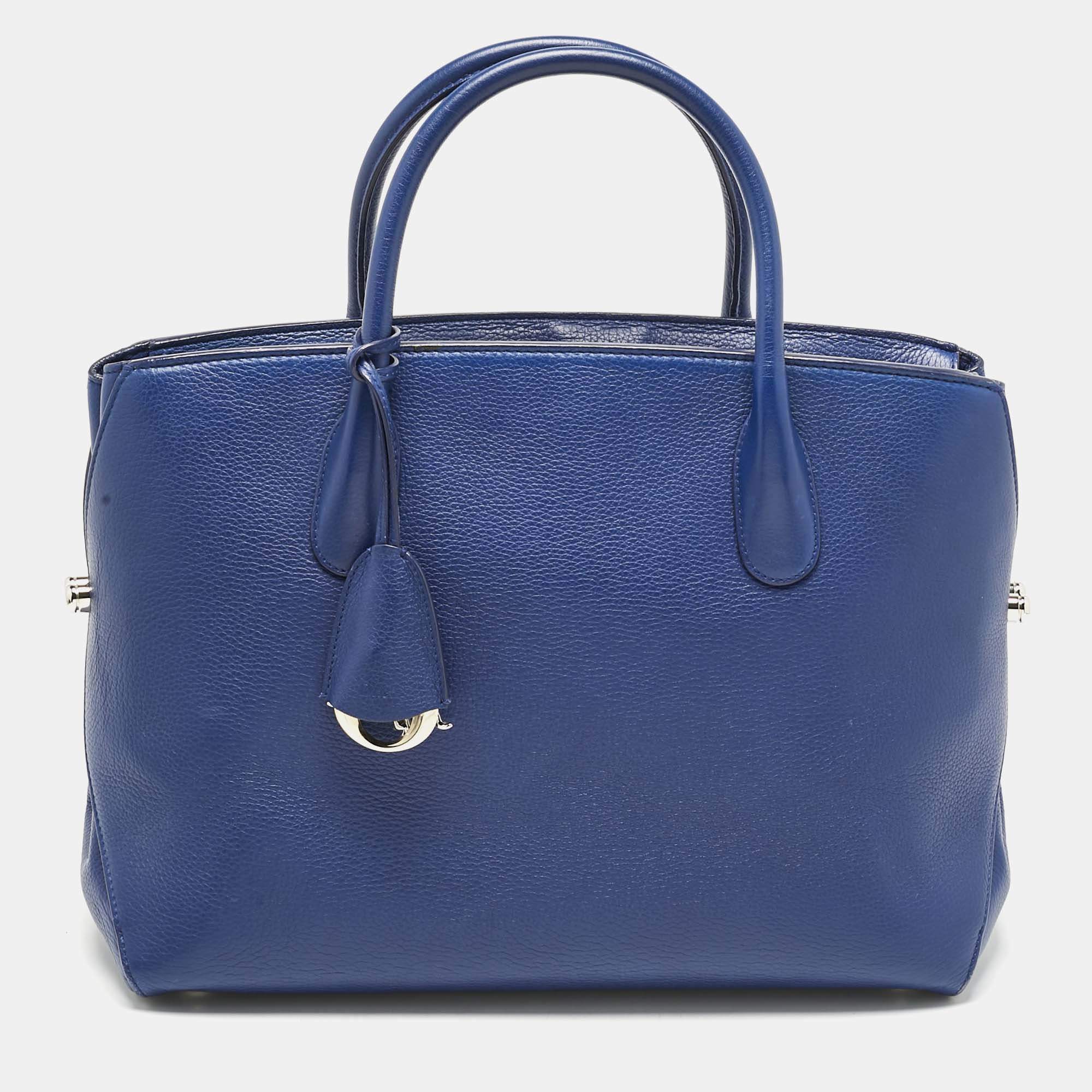 Pre Owned Dior Blue Leather Large Bar Tote