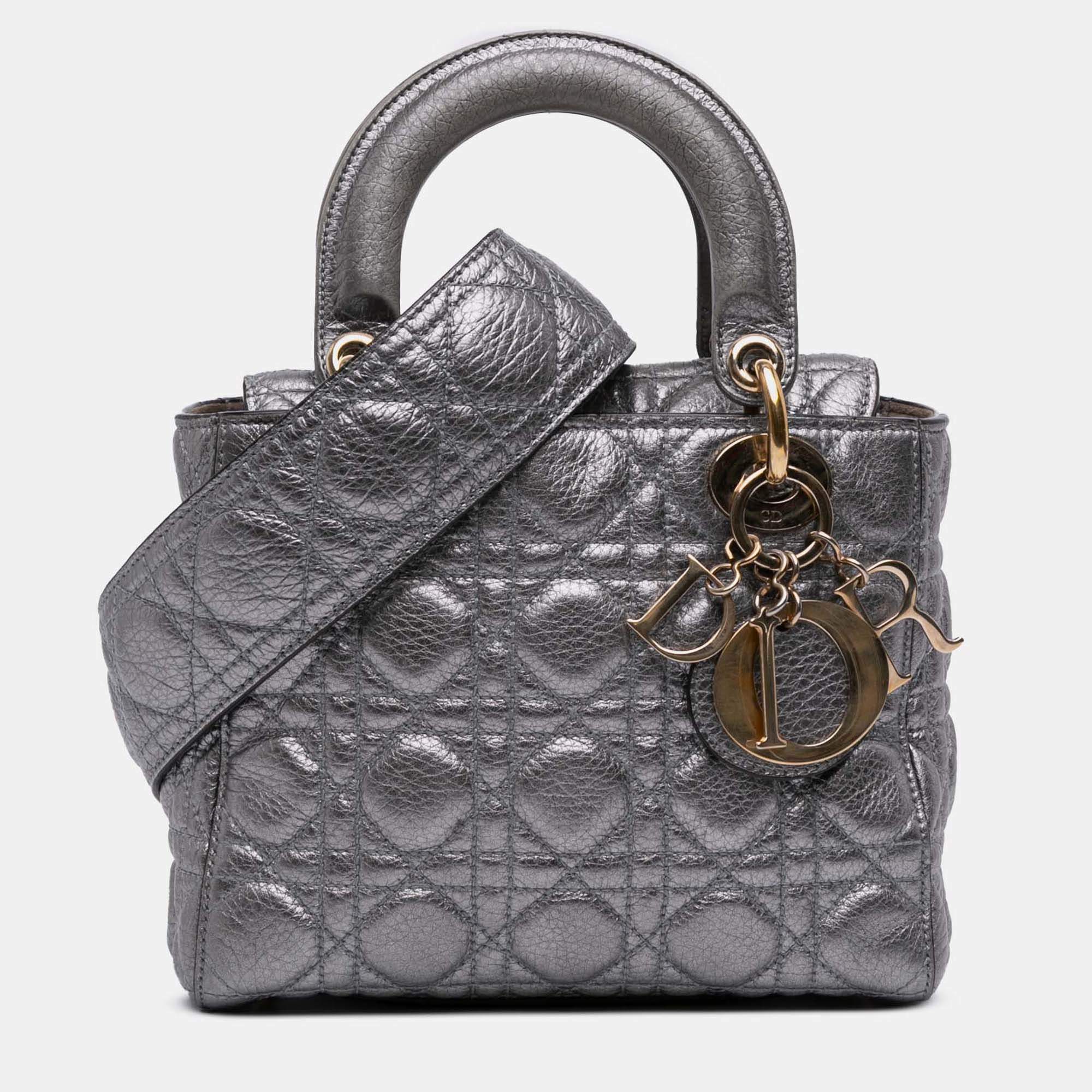 Pre Owned Dior Silver Small Metallic Grained Calfskin Cannage Supple Lady Dior