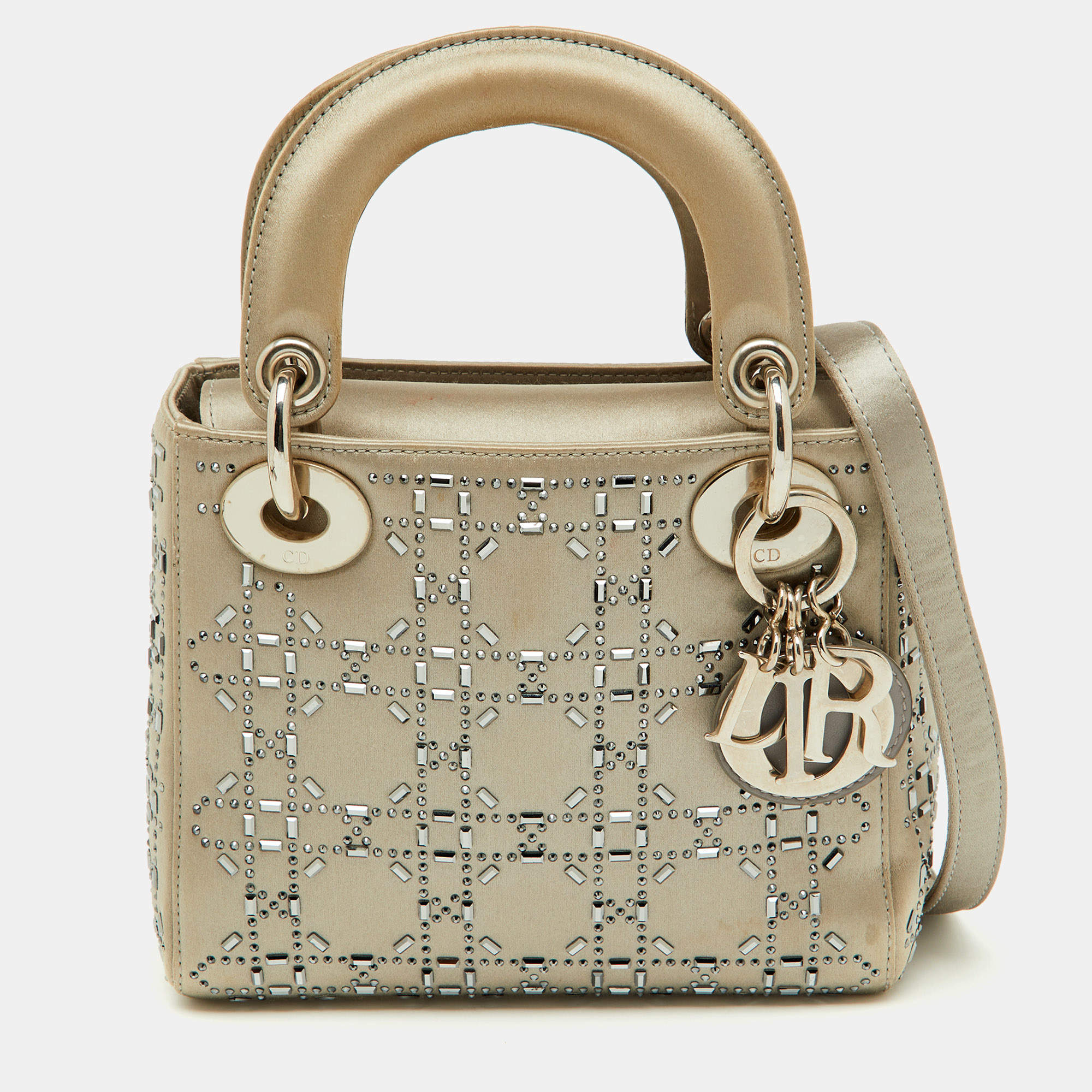Pre Owned Dior Light Grey Satin Cannage Strass Crystal Embellished Mini Lady Dior Tote