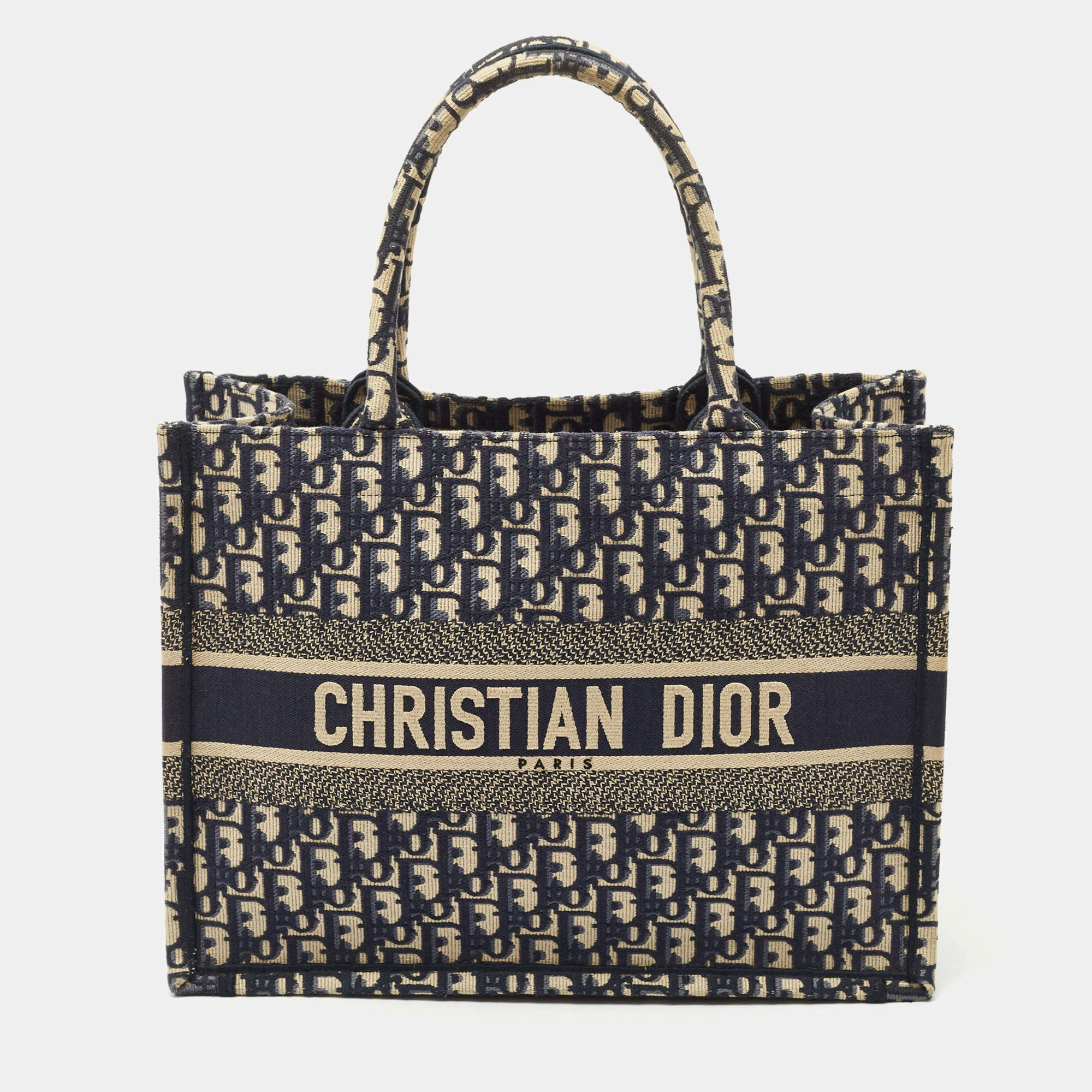 Pre Owned Dior Navy Blue Oblique Embroidered Canvas Medium Book Tote