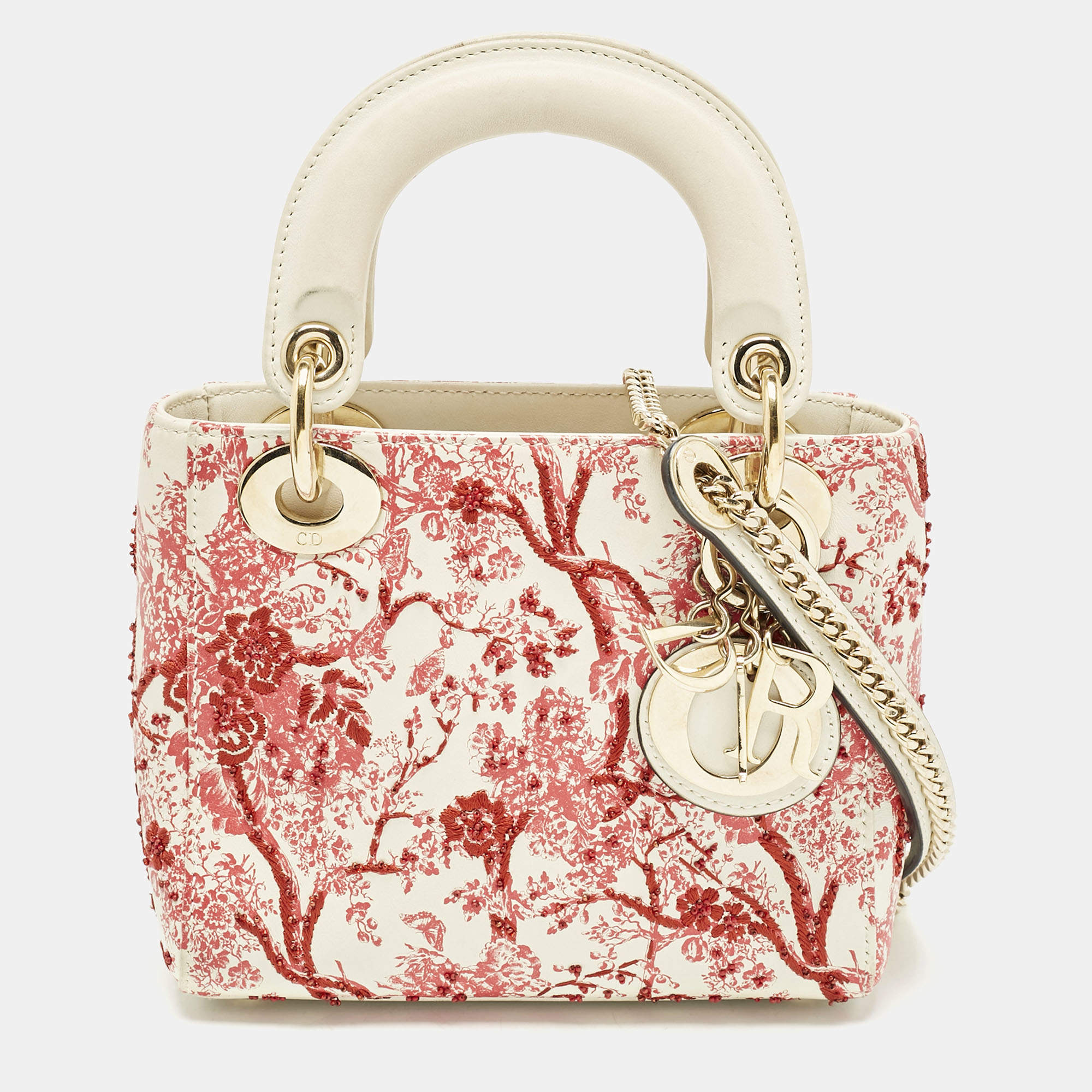 Pre Owned Dior Red/White Leather Mini Floral Embroidered Lady Dior Tote