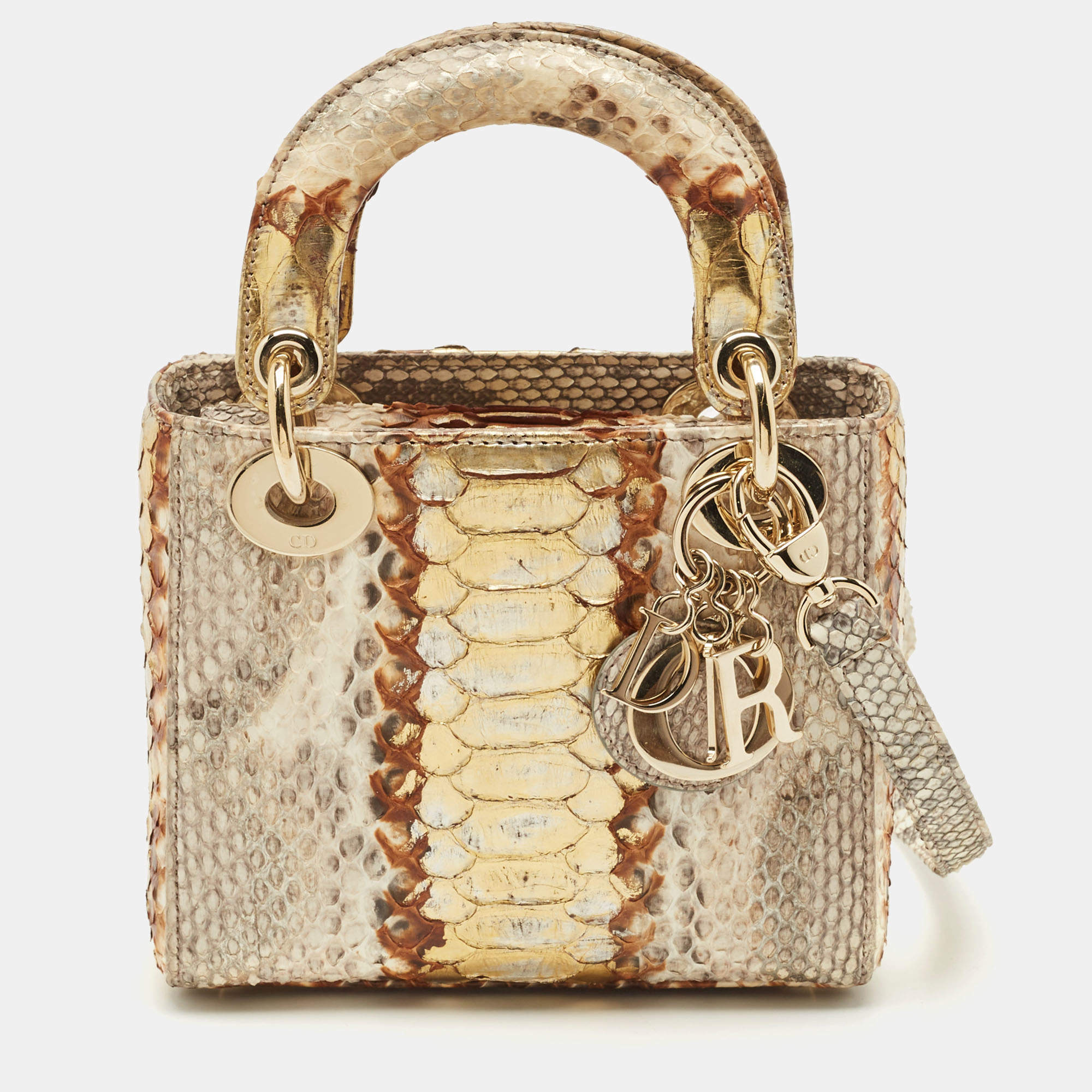 Pre Owned Dior Beige/Gold Python Mini Lady Dior Tote