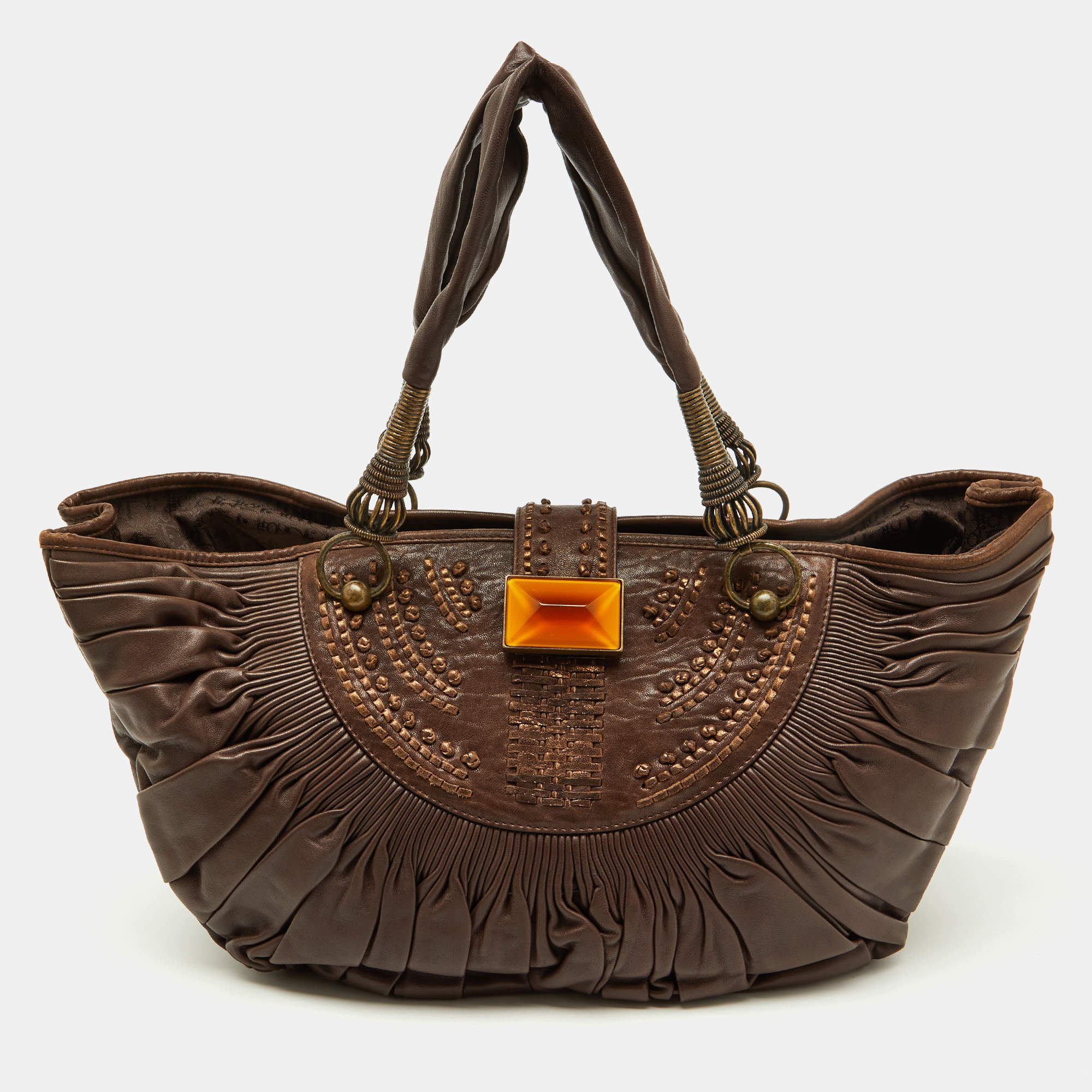 Pre Owned Dior Brown Pleated Leather Plisse Hobo