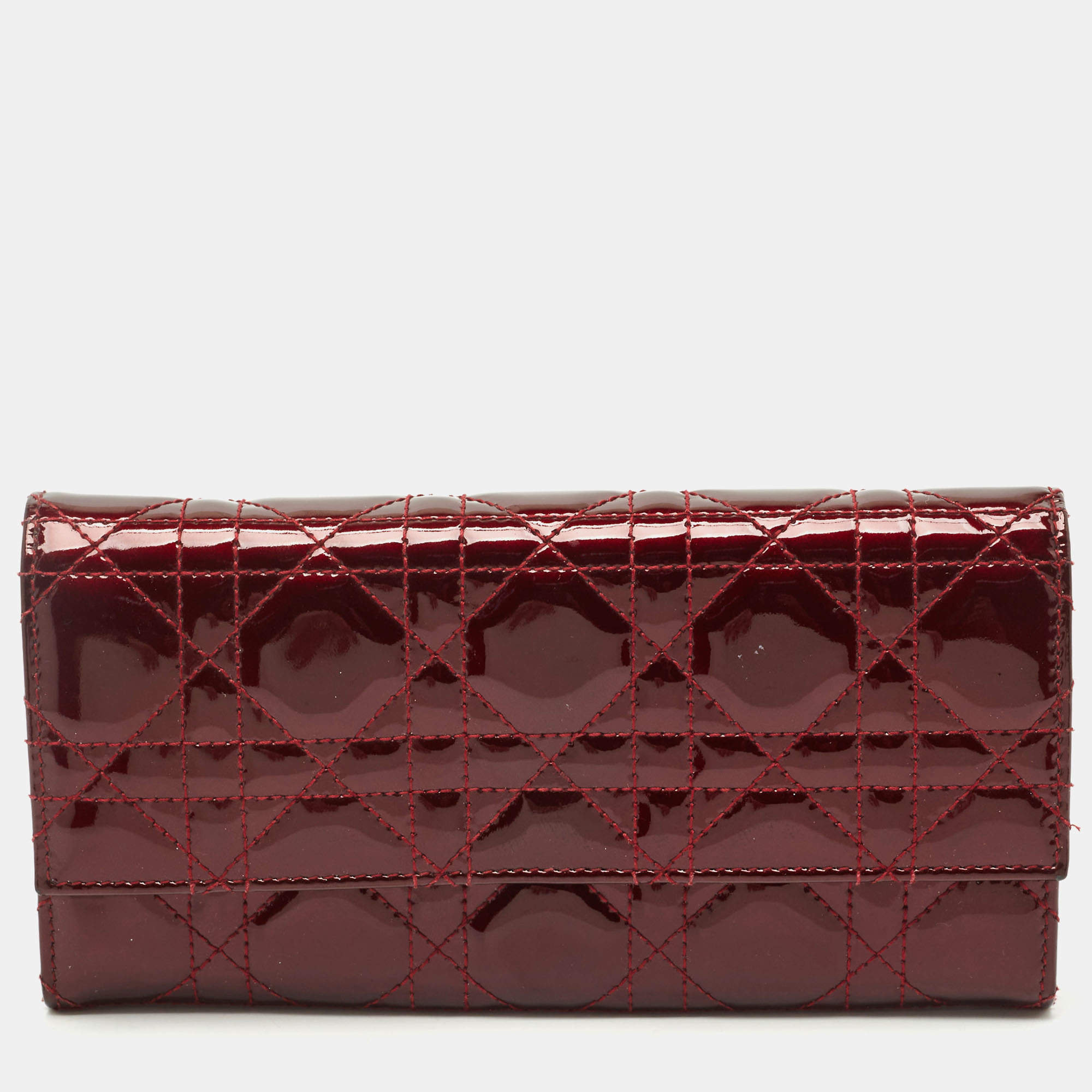 Pre Owned Dior Dark Red Cannage Patent Leather Lady Dior Wallet on Chain