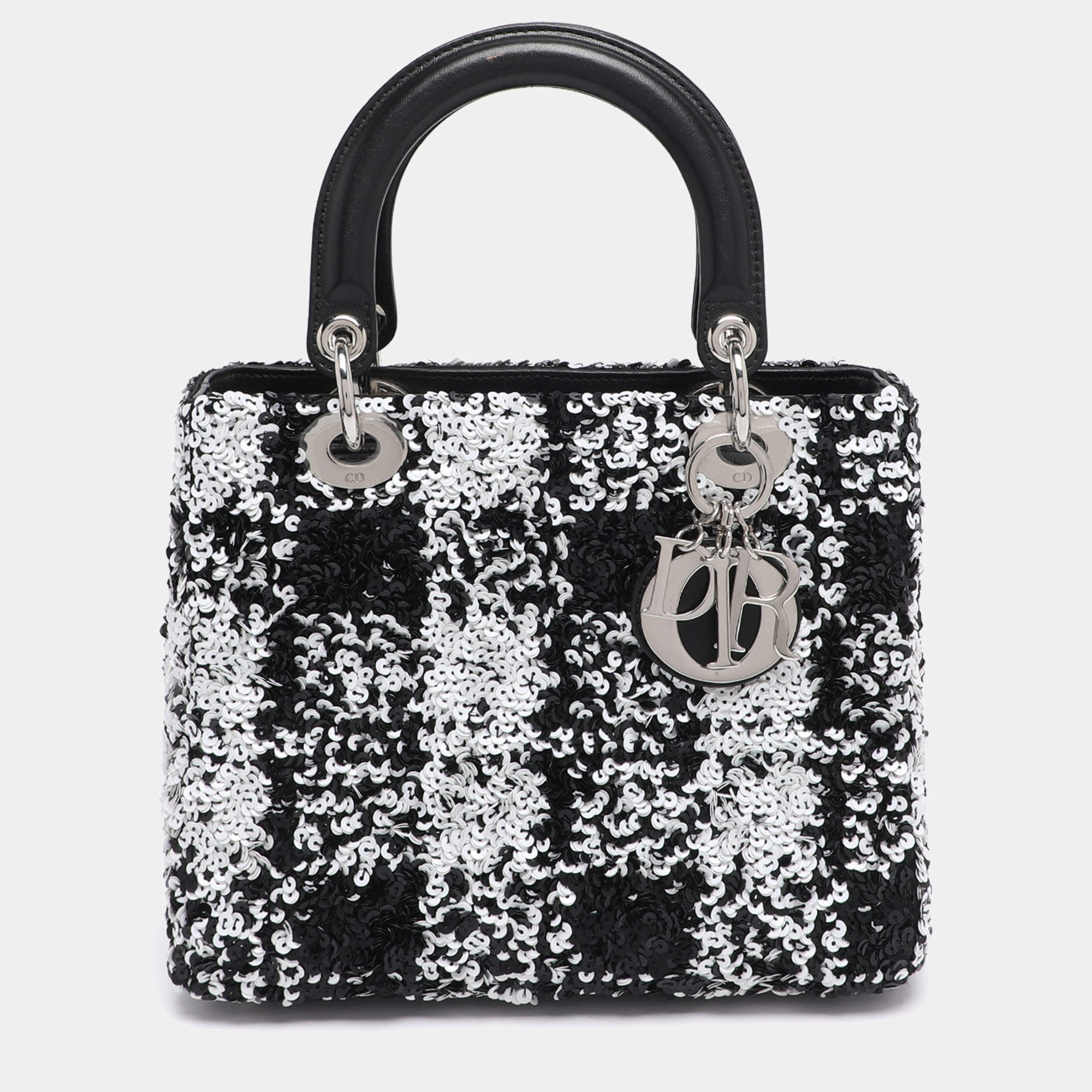 Pre Owned Dior Black/White Sequins and Leather Medium Lady Dior Tote