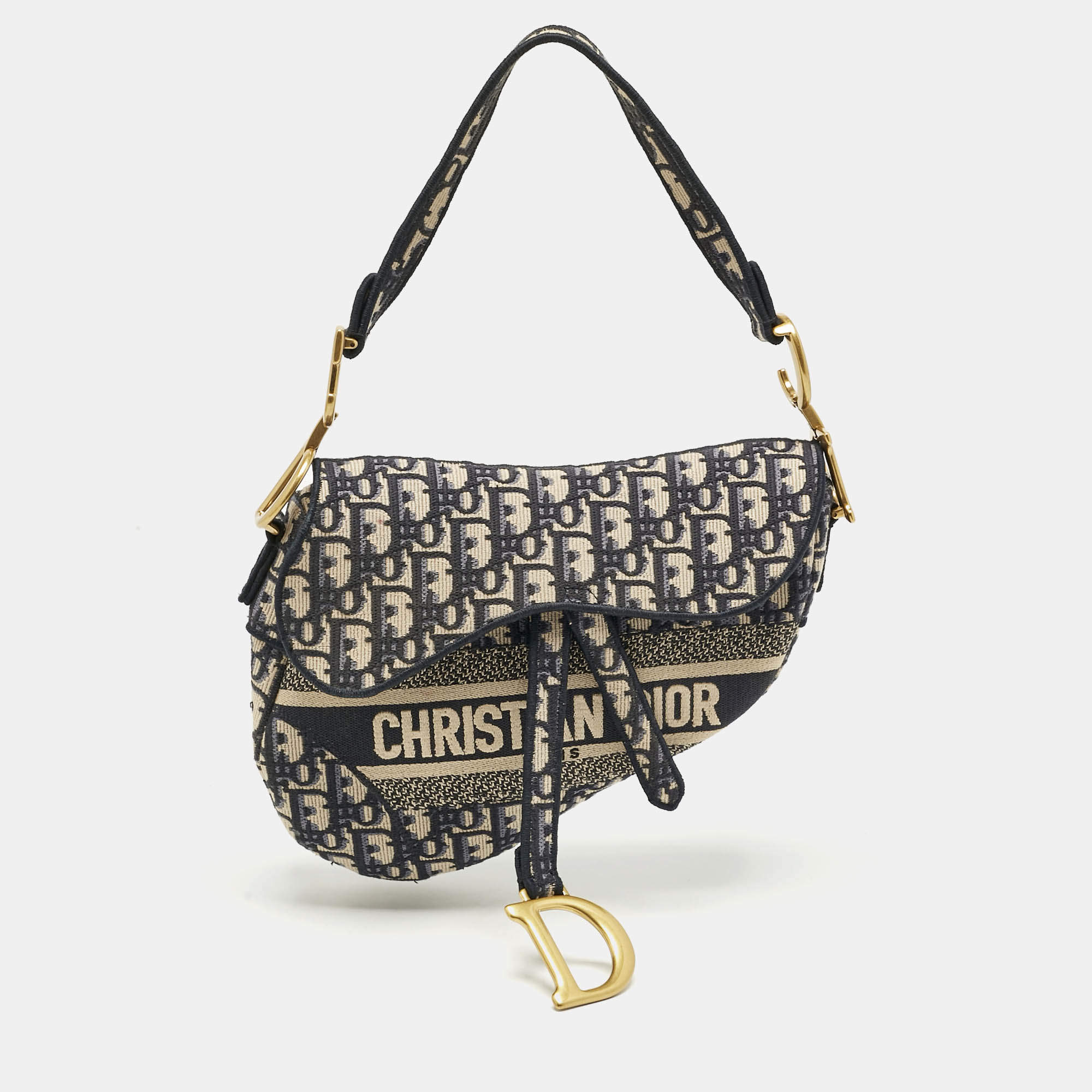 Pre Owned Dior Navy Blue Oblique Canvas Saddle Bag