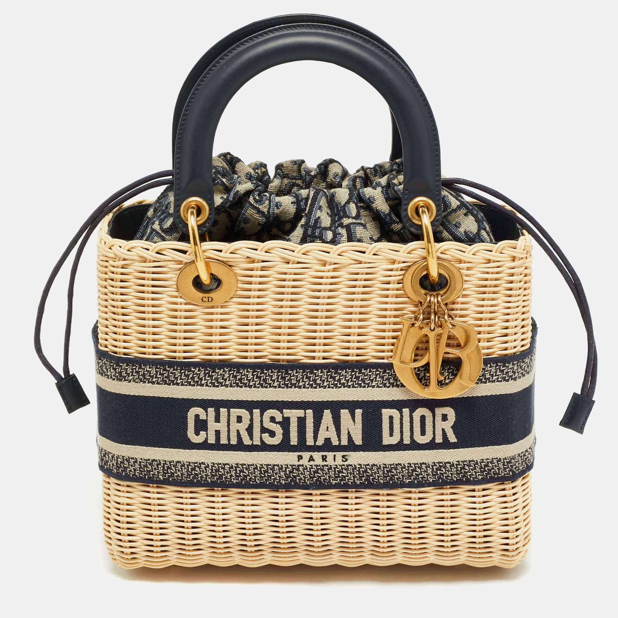 Pre Owned Dior Navy Blue/Natural Rattan and Canvas Medium Lady Dior Tote