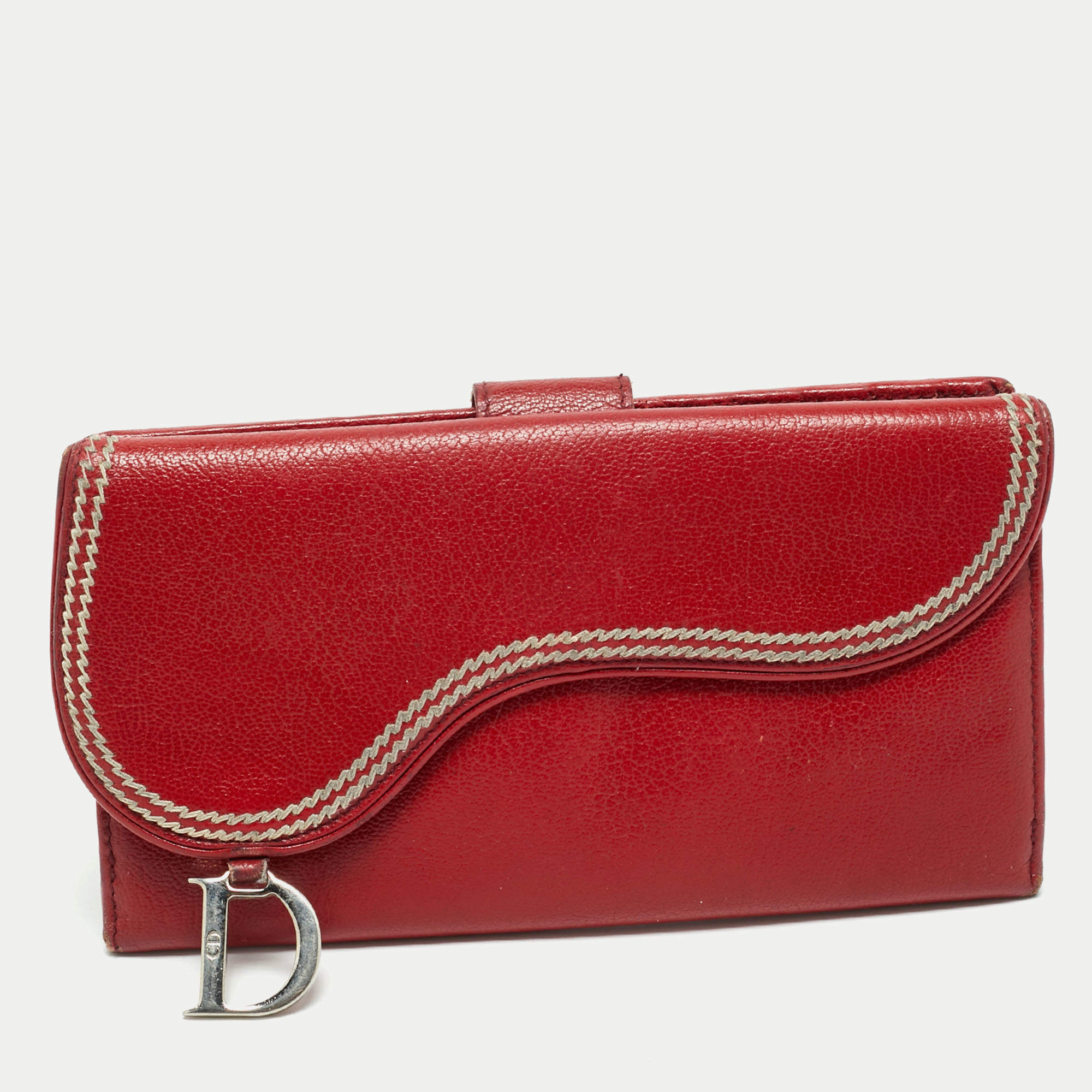 Pre Owned Dior Dark Red Leather Saddle Long Wallet