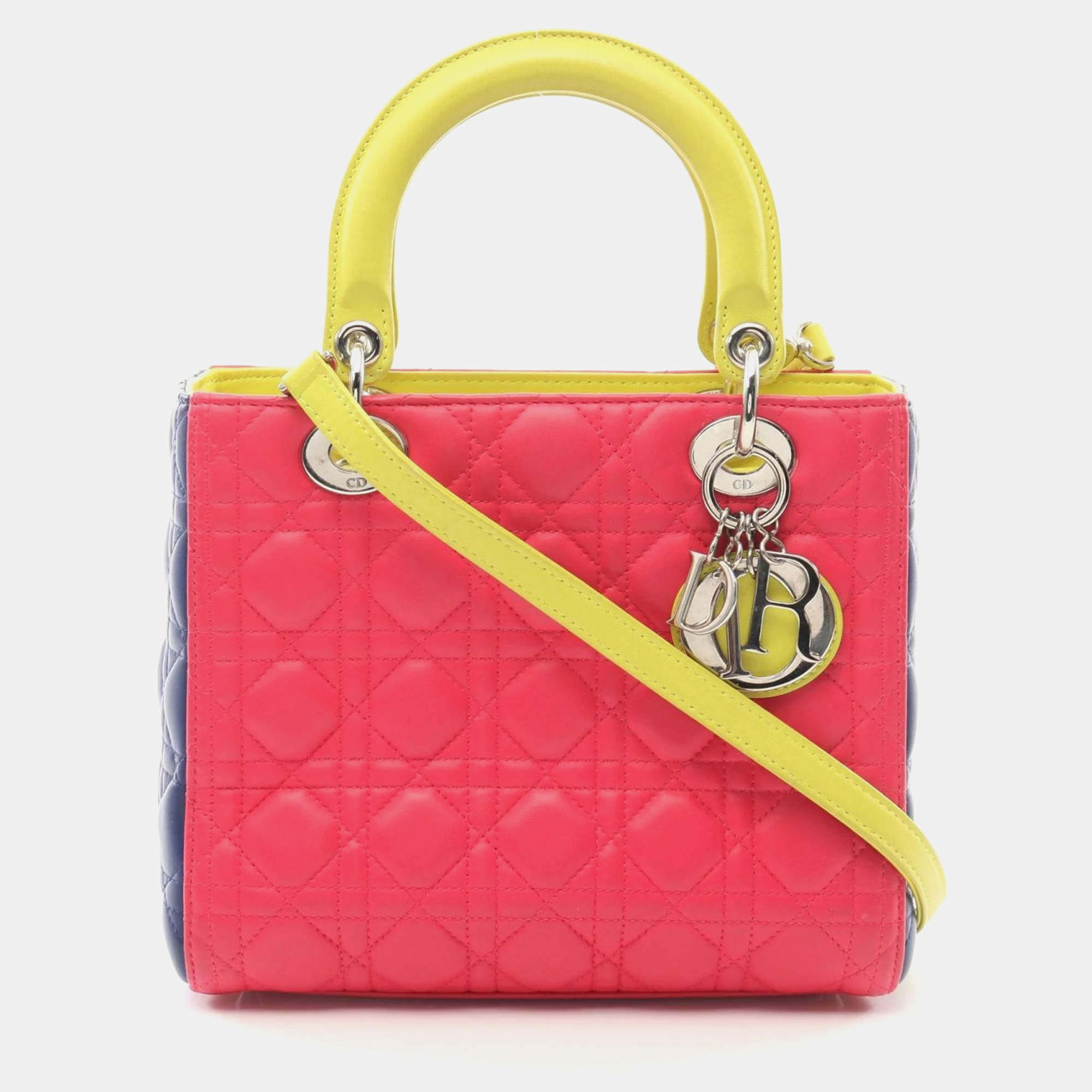 Pre Owned Dior Lady Dior Pink Green Blue Leather Shoulder Bag