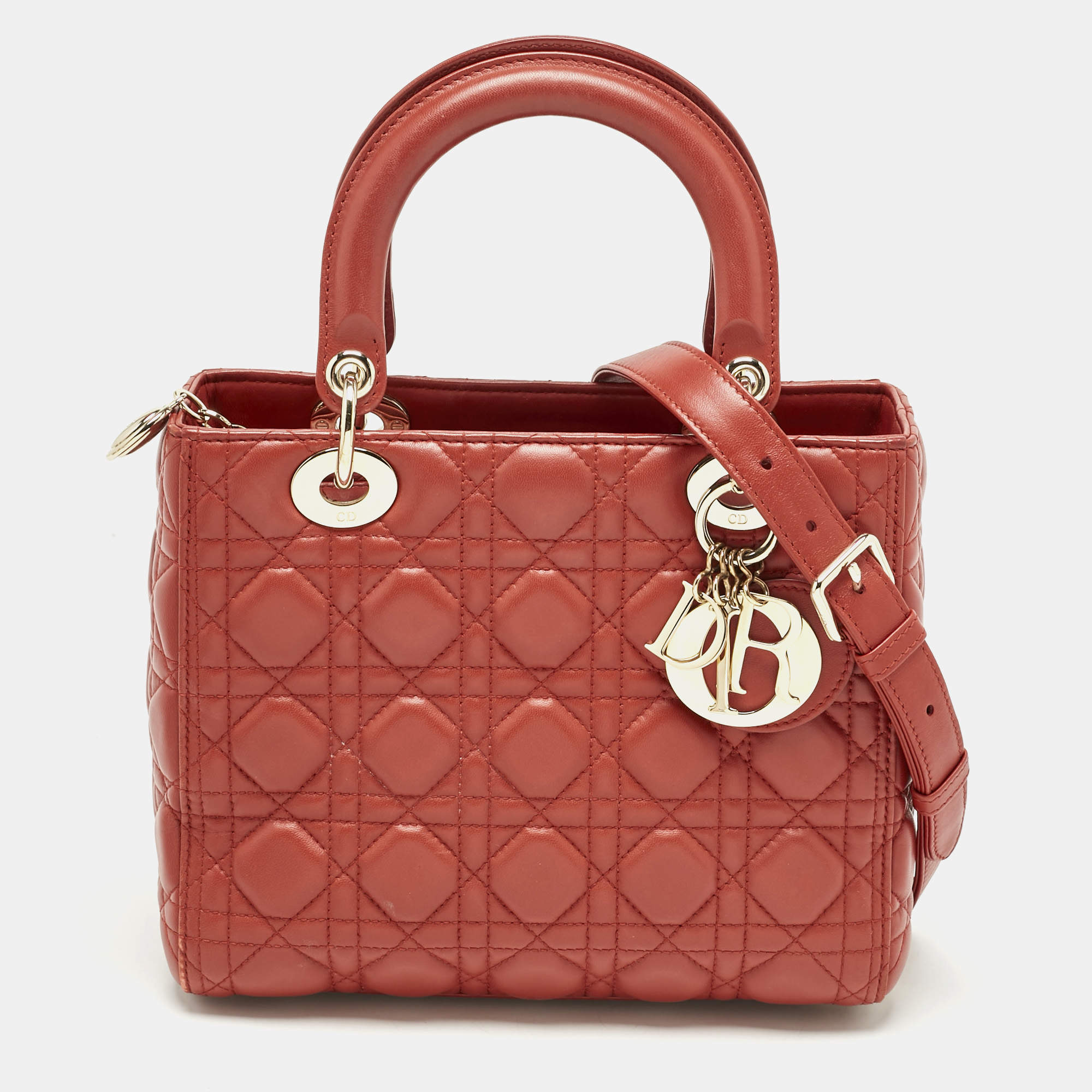 Pre Owned Dior Red Cannage Leather Medium Lady Dior Tote