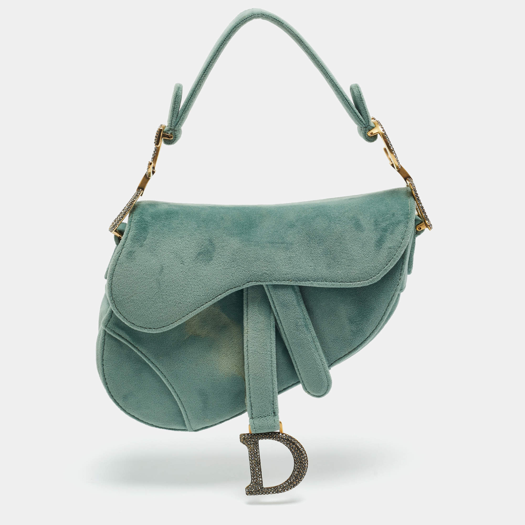 Pre Owned Dior Green Velvet Mini Saddle Bag