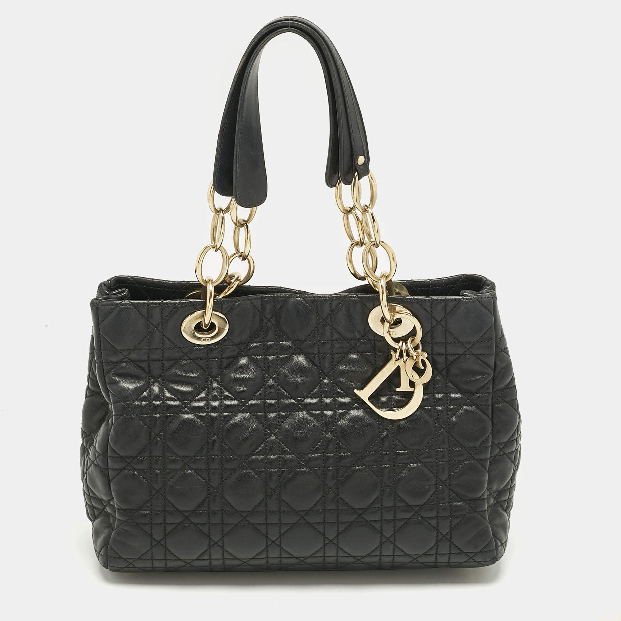 Pre Owned Dior Black Cannage Leather Small Soft Lady Dior Tote