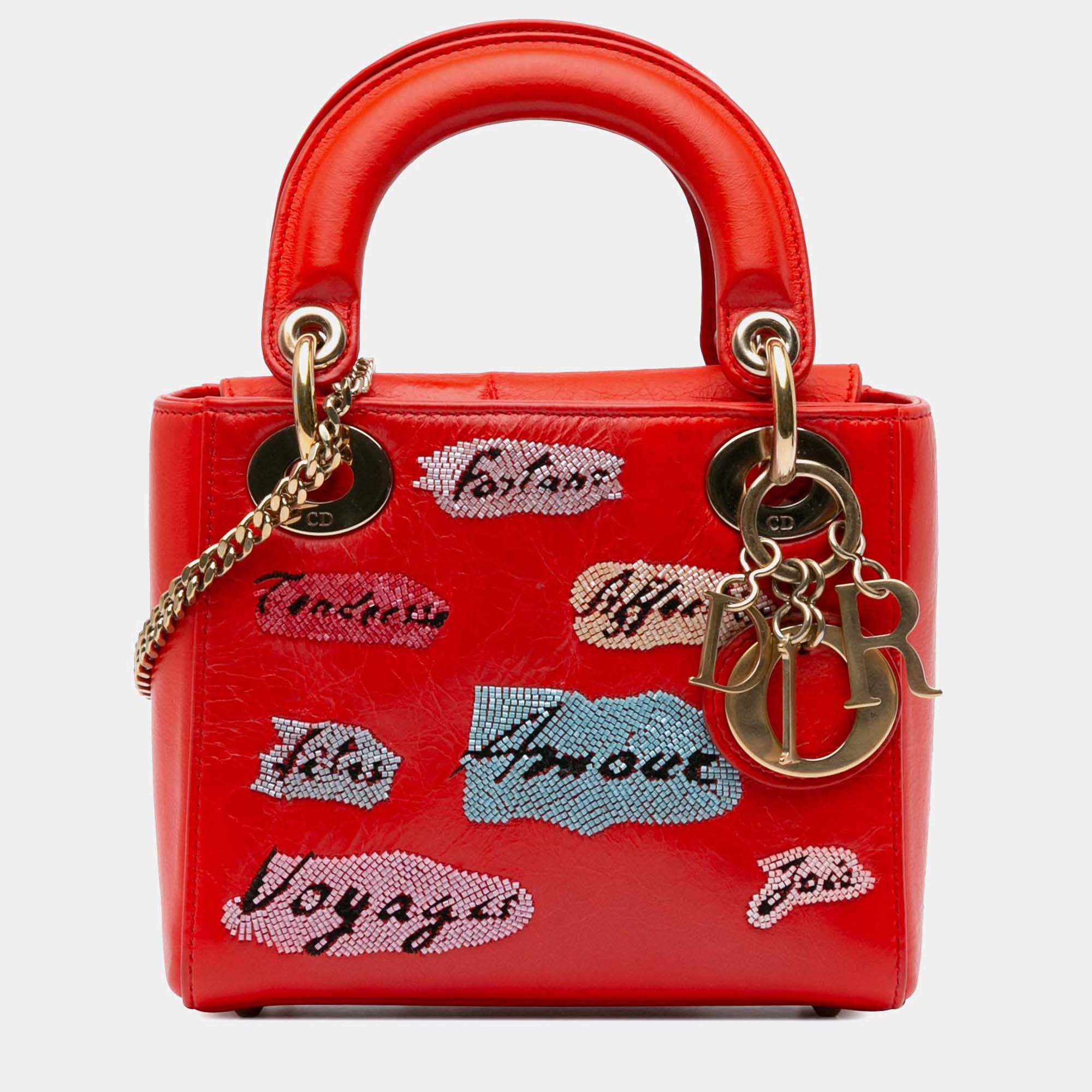 Pre Owned Dior Lady Dior Mini Calfskin Red Sequin Embellished Handbag