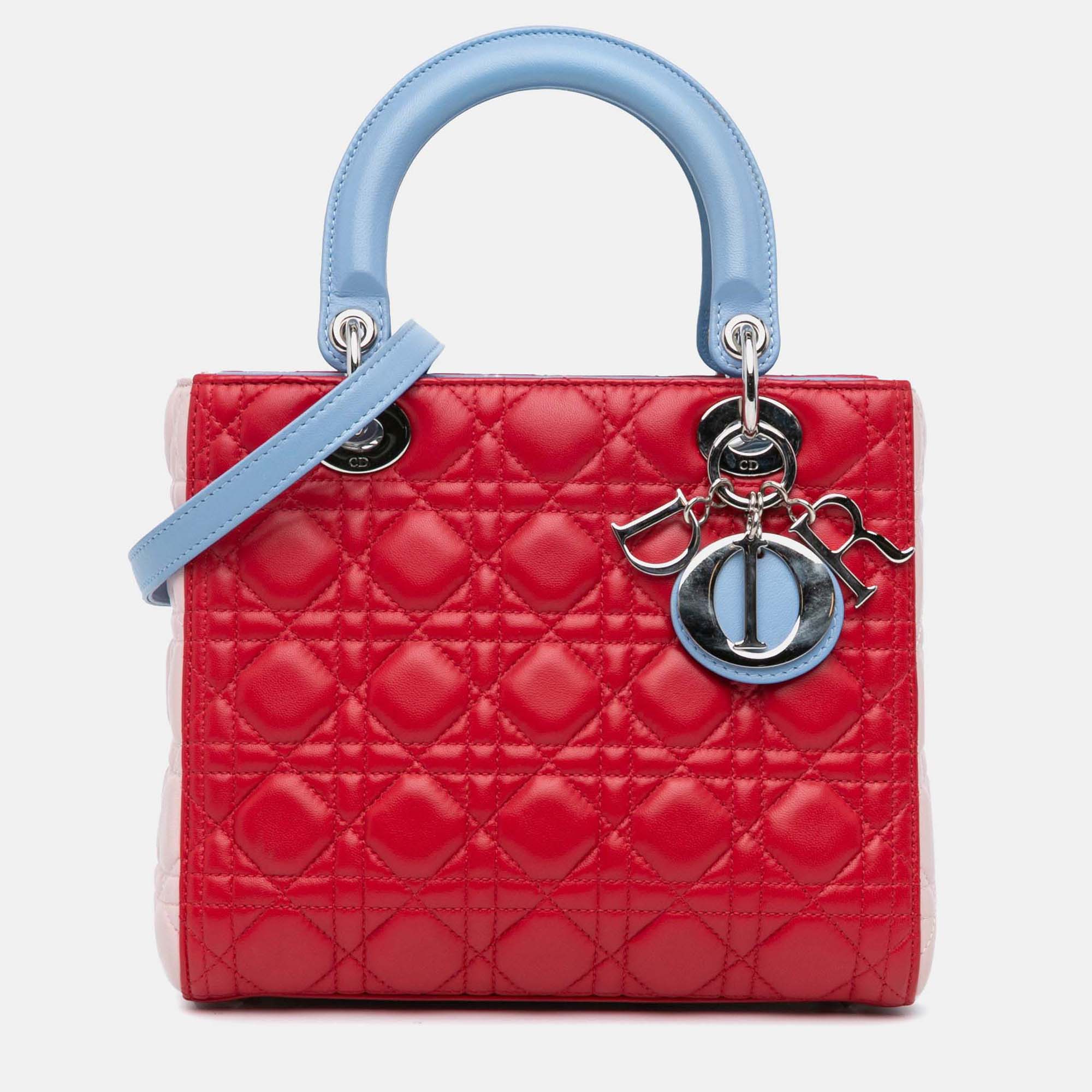 مملوكة مسبقًا حقيبة يد ديور ليدي ديور جلد حمل متوسط ثلاثي الألوان