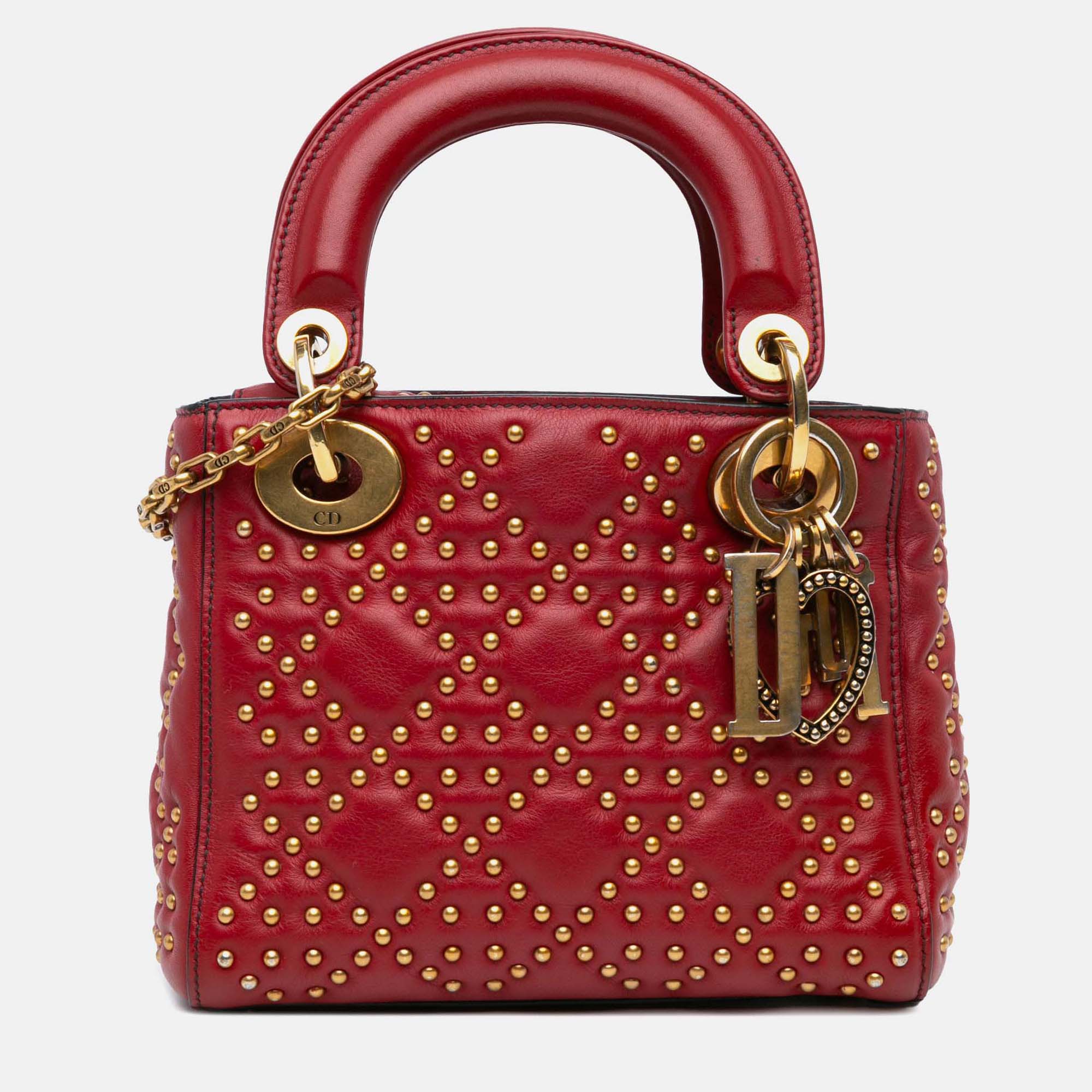 Pre Owned Dior Lady Dior Mini Red Lambskin Studded Handbag