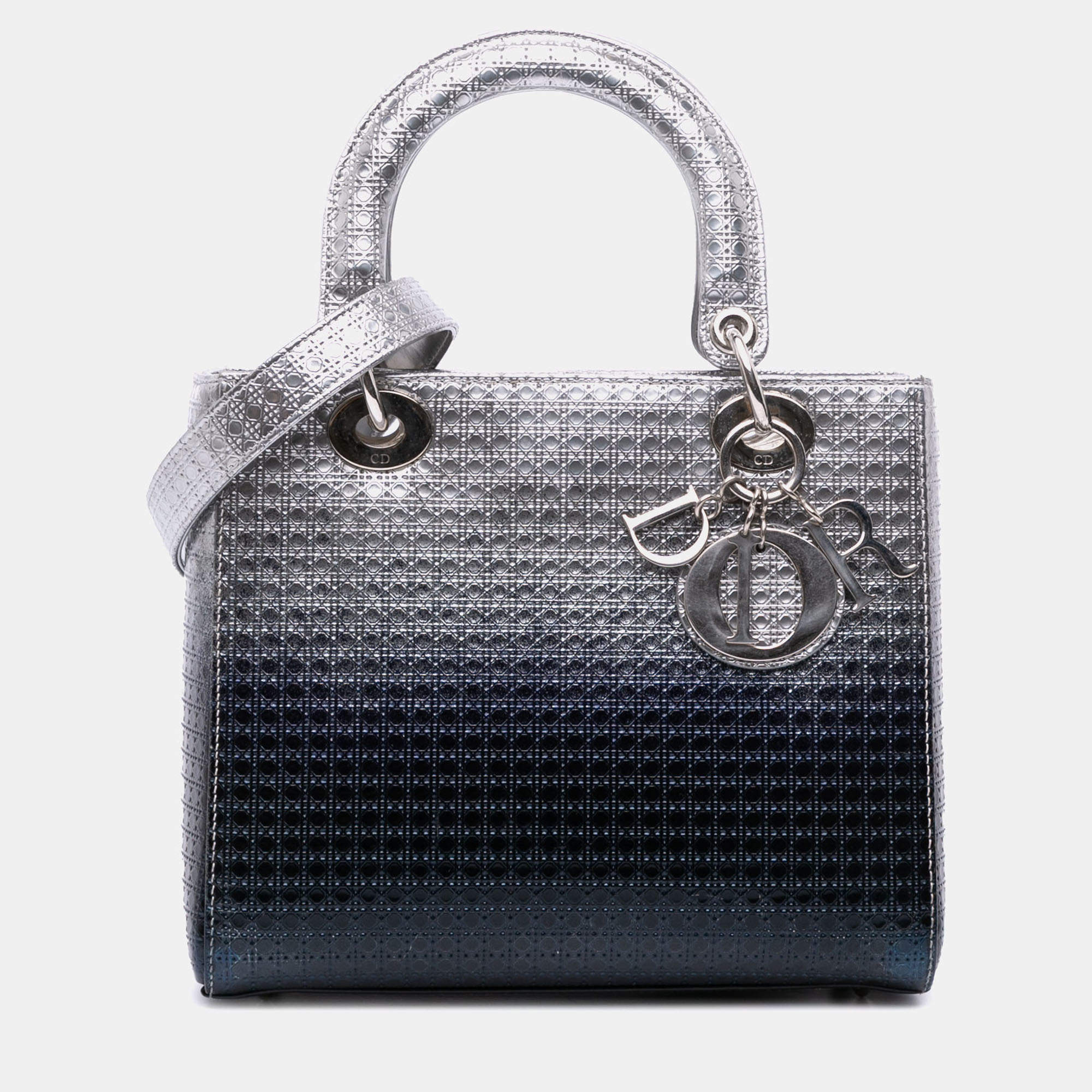 Pre Owned Dior Silver Medium Ombre Metallic Patent Microcannage Lady Dior