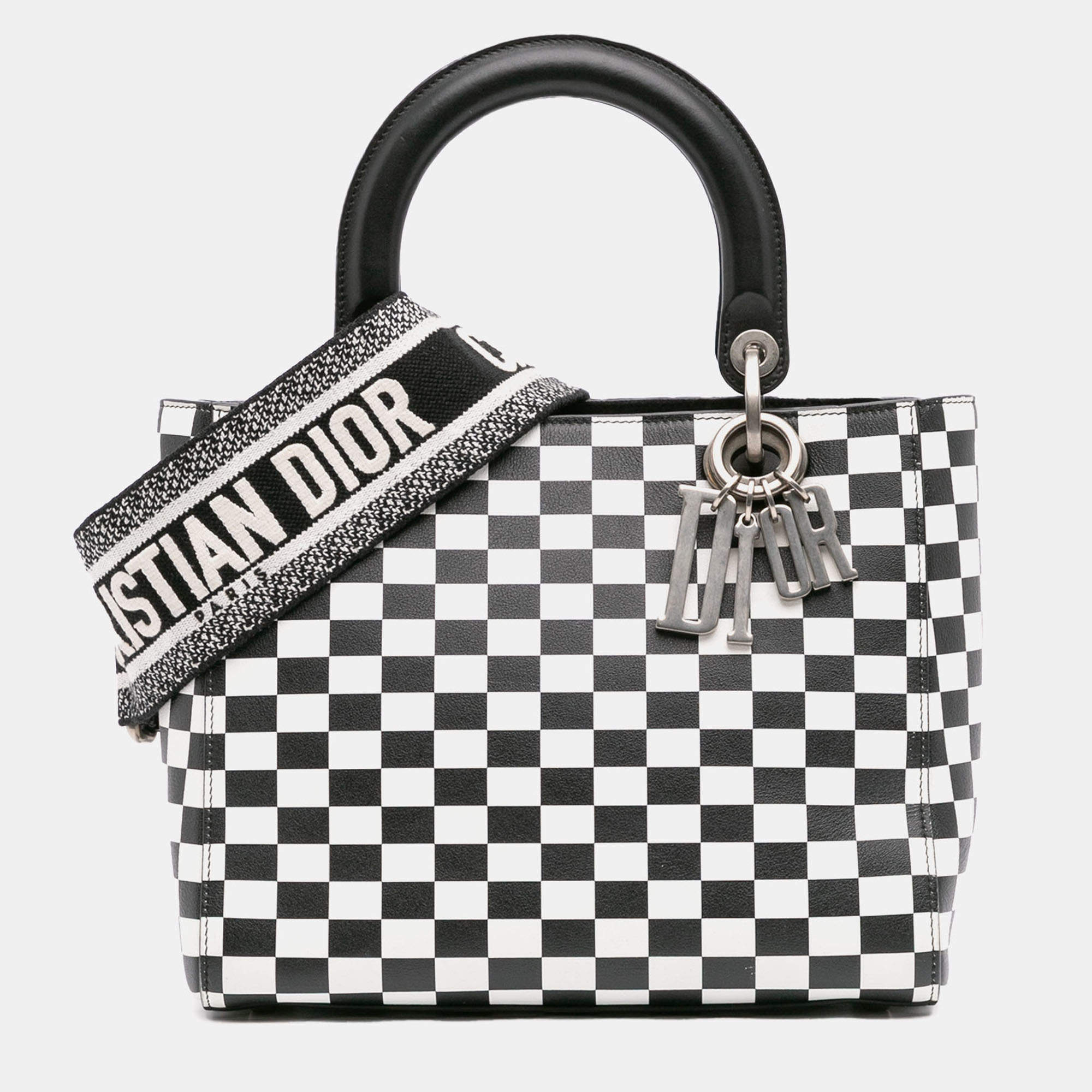 Pre Owned Dior Black White Medium Calfskin Checkered Lady Dior