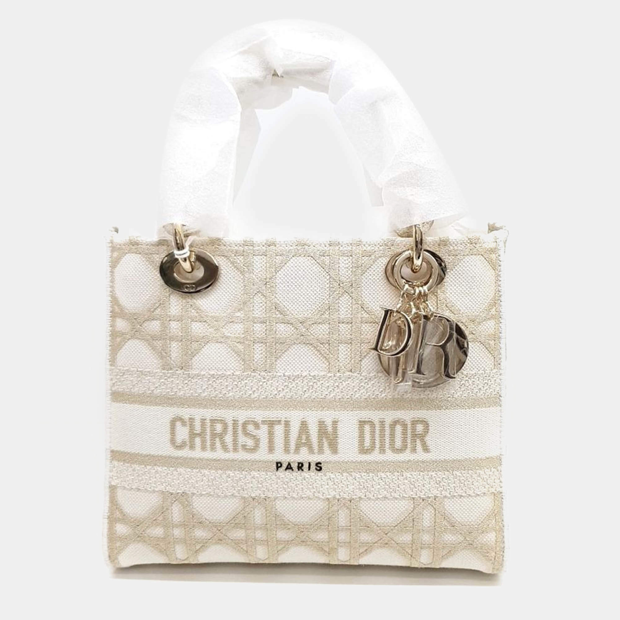 Pre Owned Dior Gold/White Fabric Medium D-LITE Lady Bag