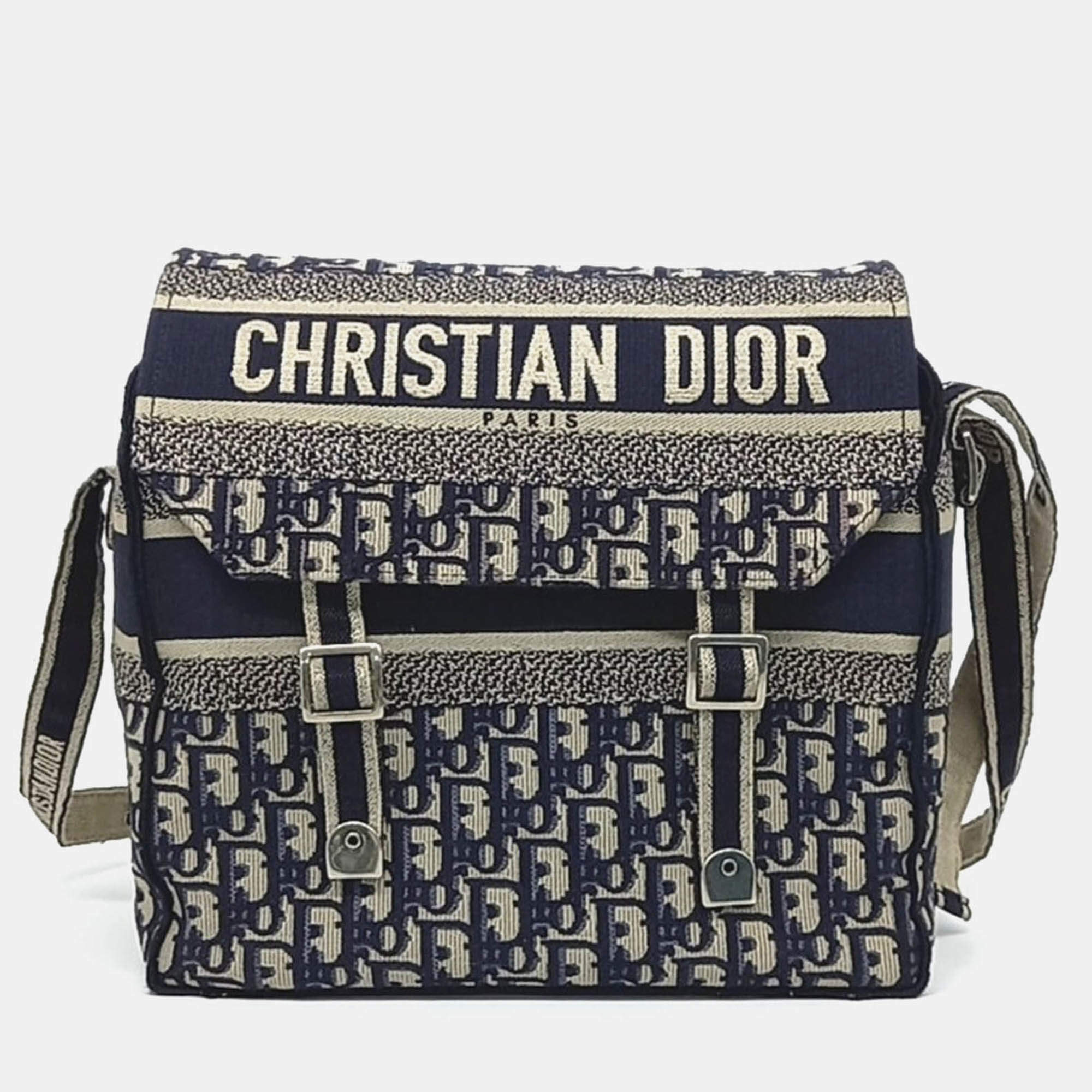 Pre Owned Dior Navy Blue Leather Oblique Camp Messenger Bag