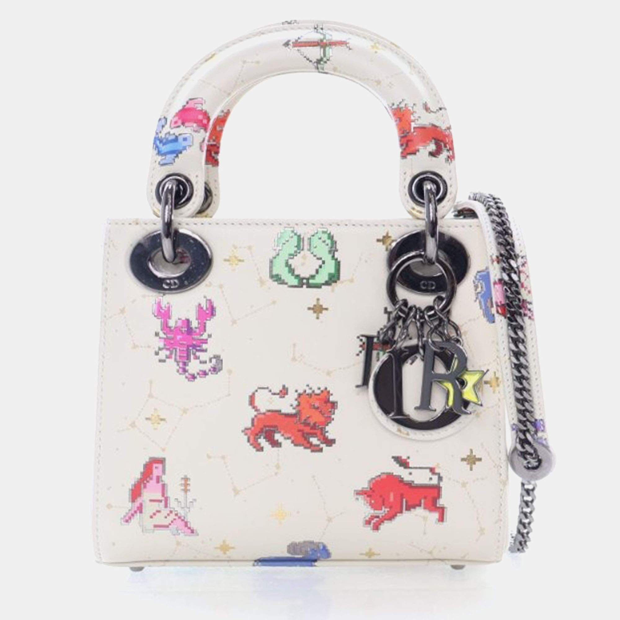 Pre Owned حقيبة ديور ليدي ديور زودياك بيكسل جلد عجل أبيض صغيرة