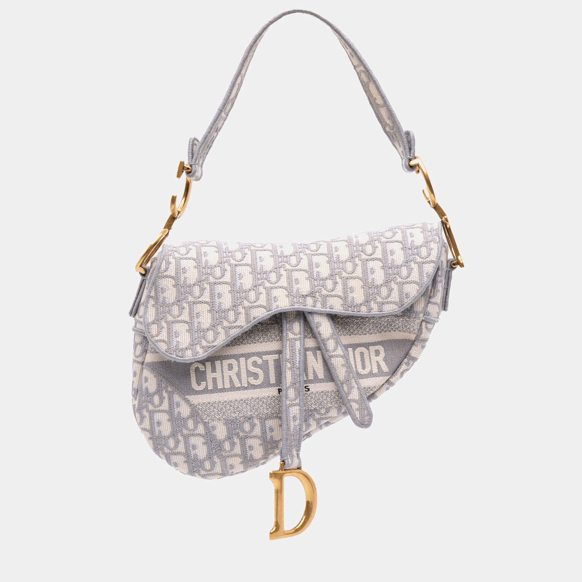 Pre Owned Dior Grey Oblique Canvas Embroidered Saddle Bag