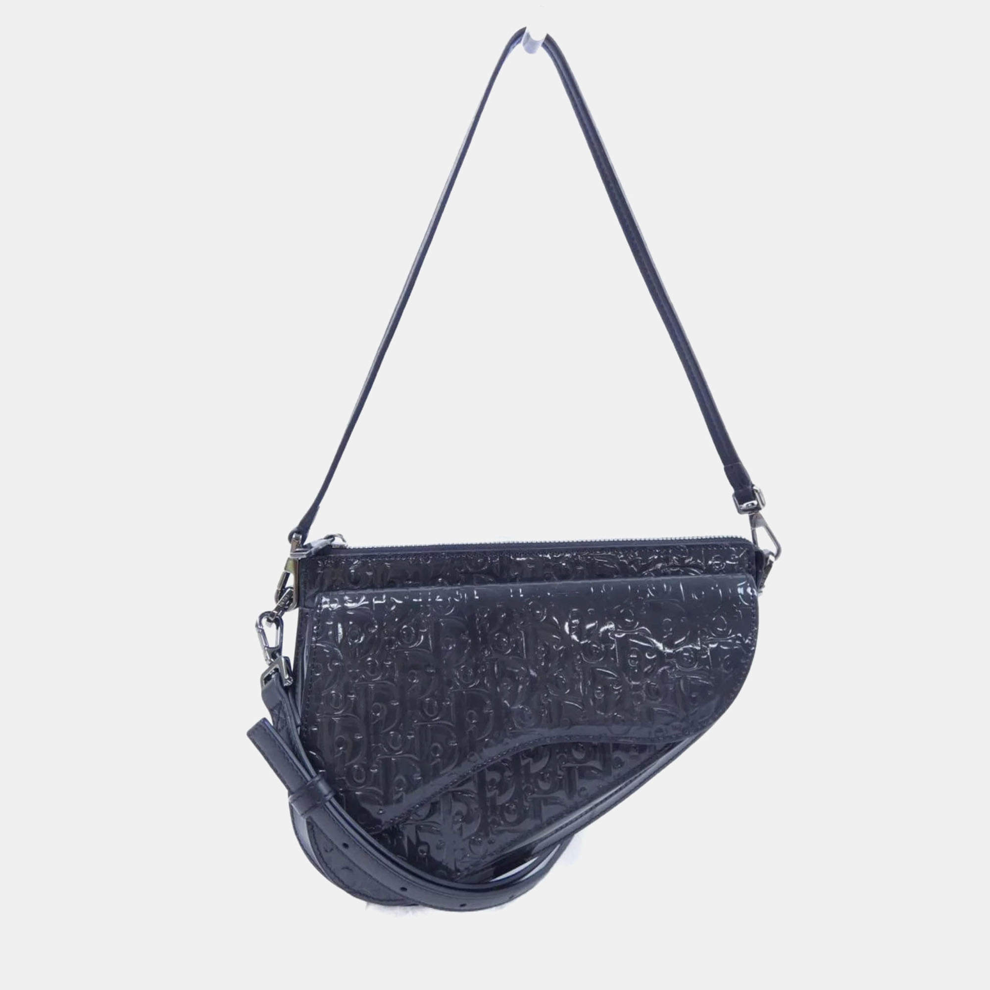 Pre Owned Dior Saddle Grey Patent Oblique Embossed Boxy Shoulder Bag