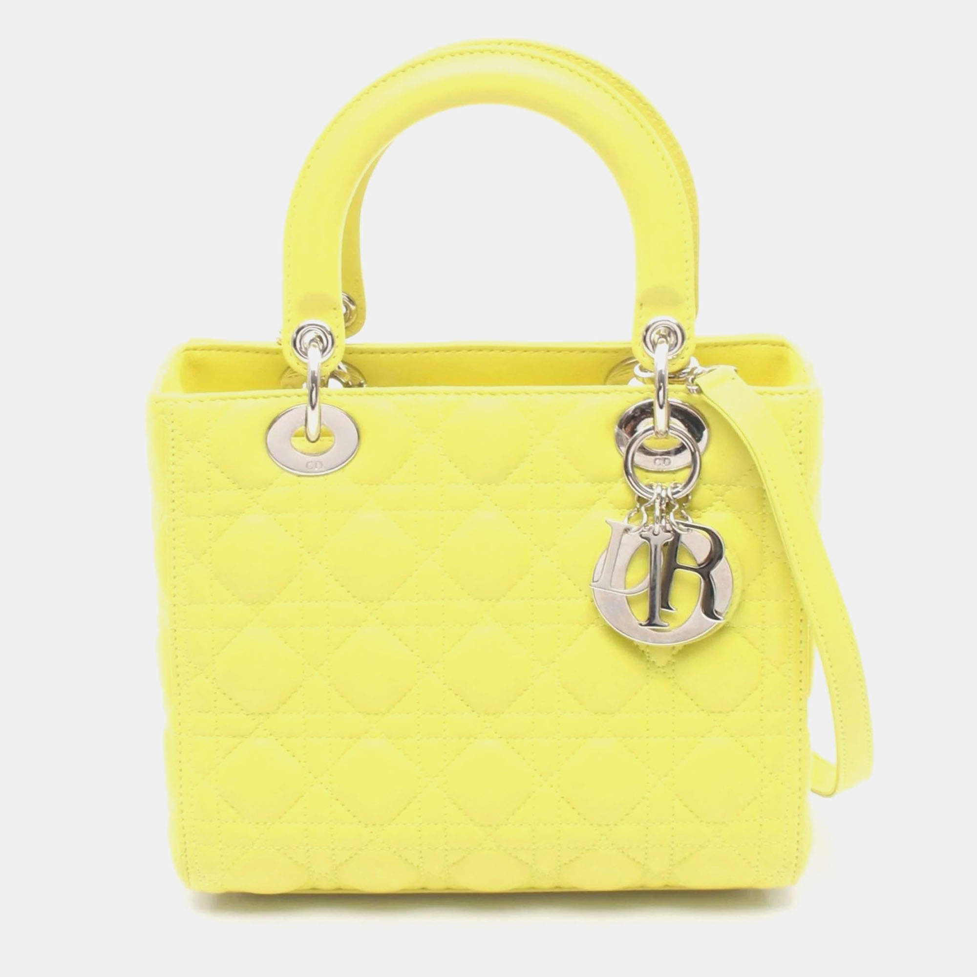 Pre Owned Dior Lady Dior Yellow Leather Shoulder Bag