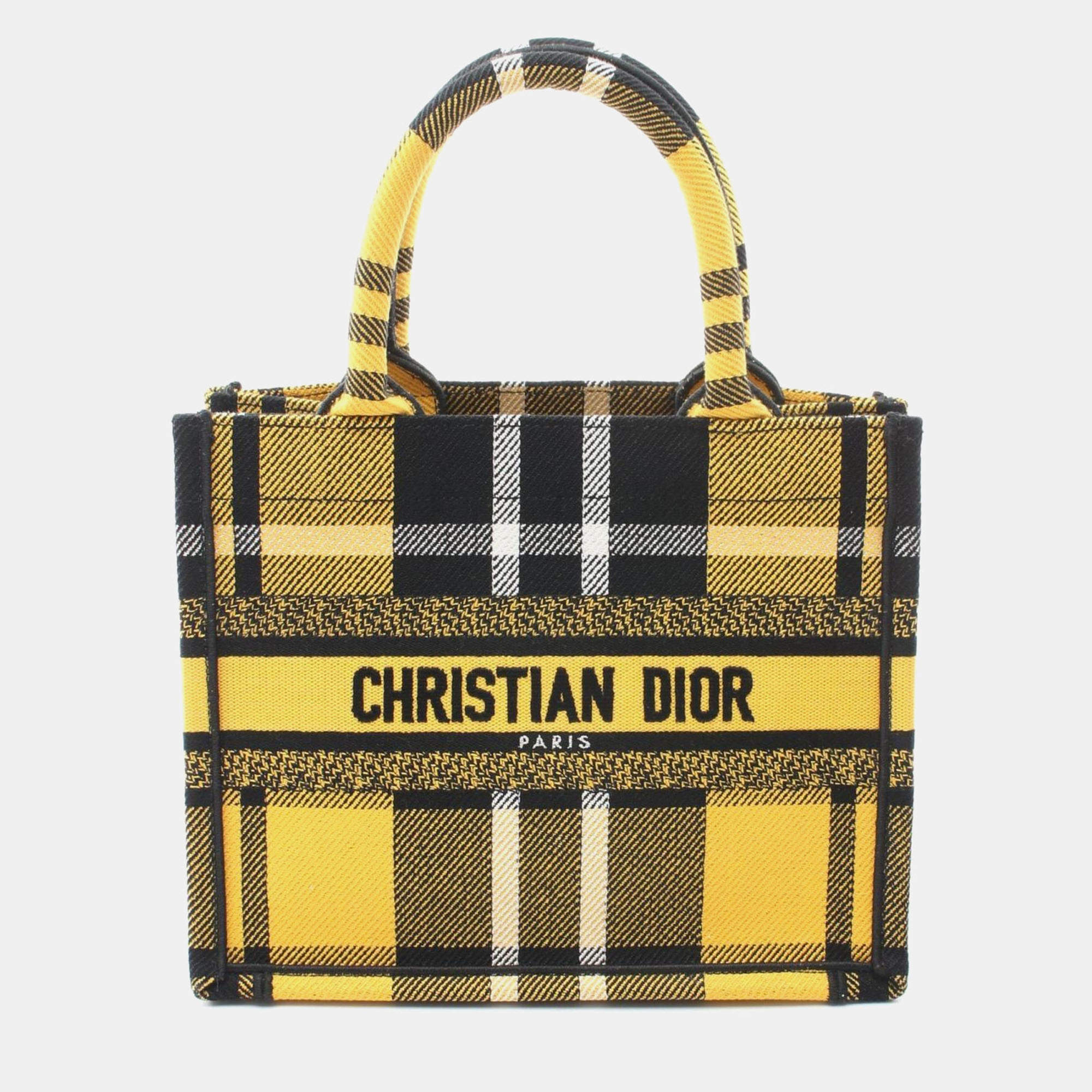 Pre Owned Dior Book Tote Small Yellow Black White Canvas Tote Bag