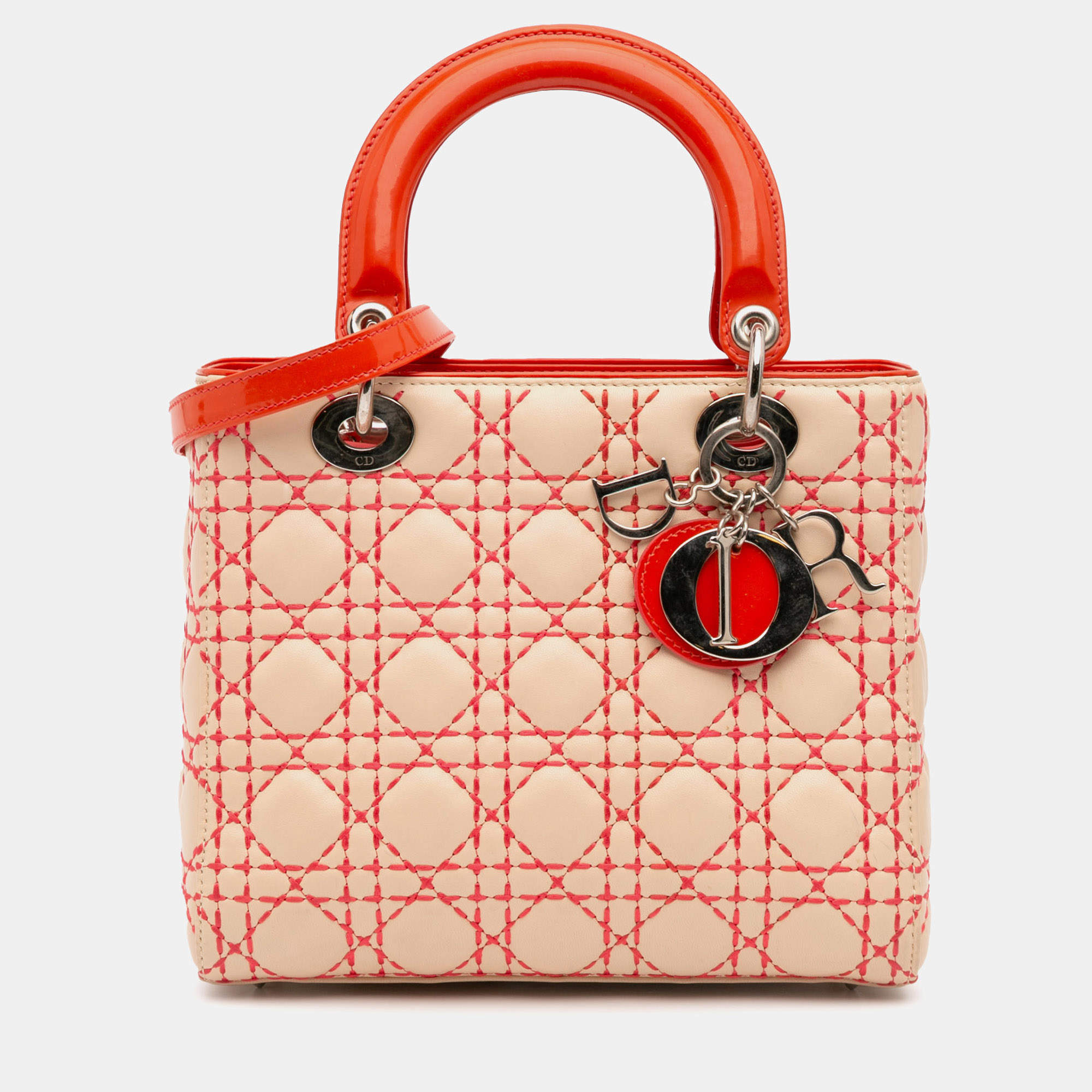 Pre Owned Dior Beige/Orange Medium Lambskin Cannage Stitched Lady Dior