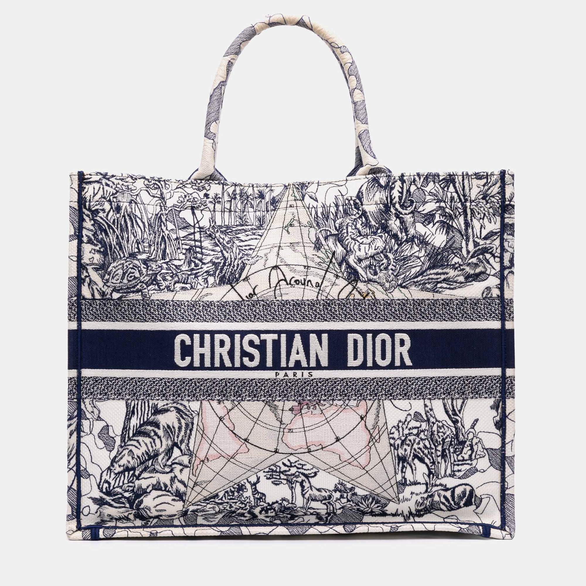 Pre Owned Dior Navy Blue/White Large Canvas Embroidered Around The World Book Tote