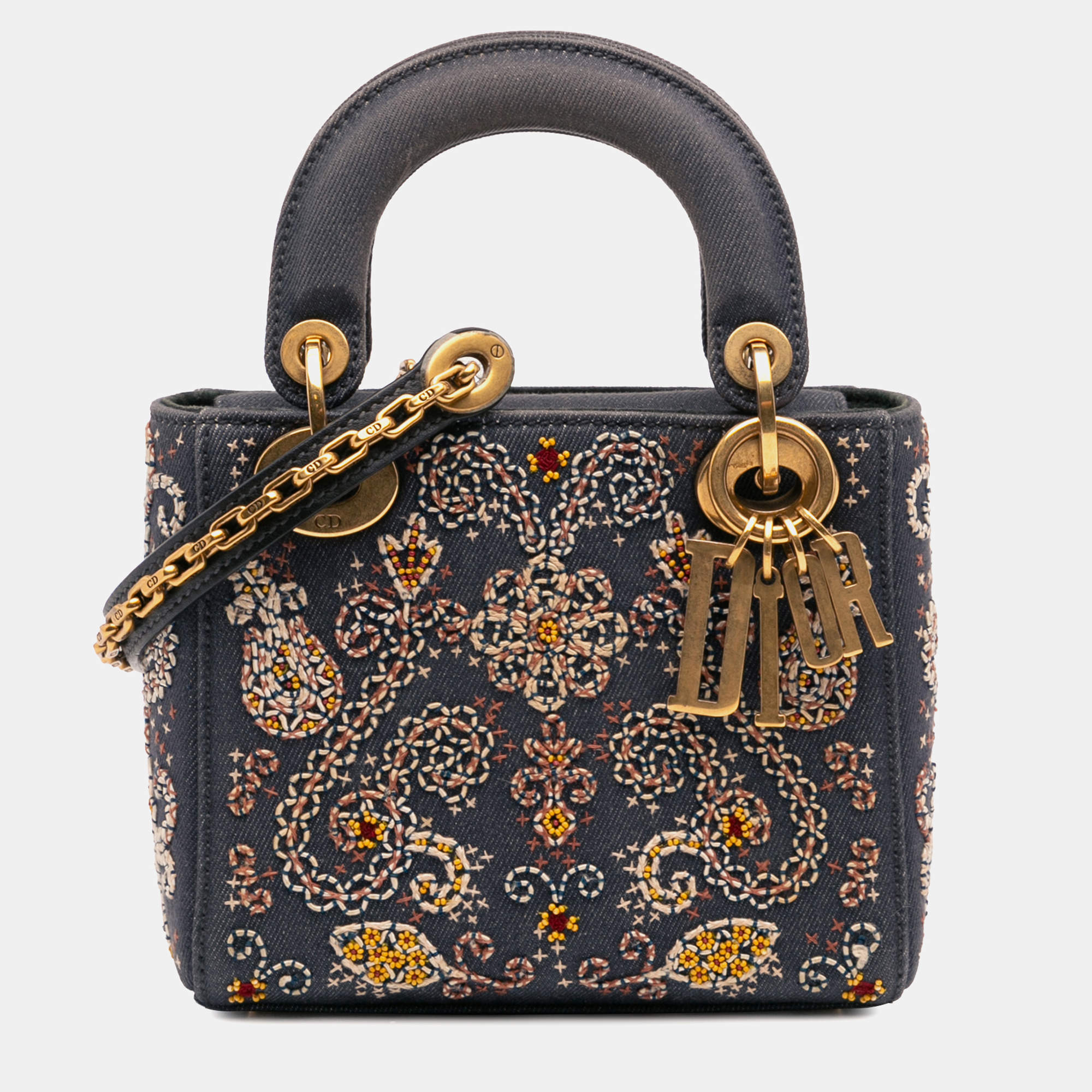 Pre Owned Dior Blue Mini Denim Embroidered Lady Dior