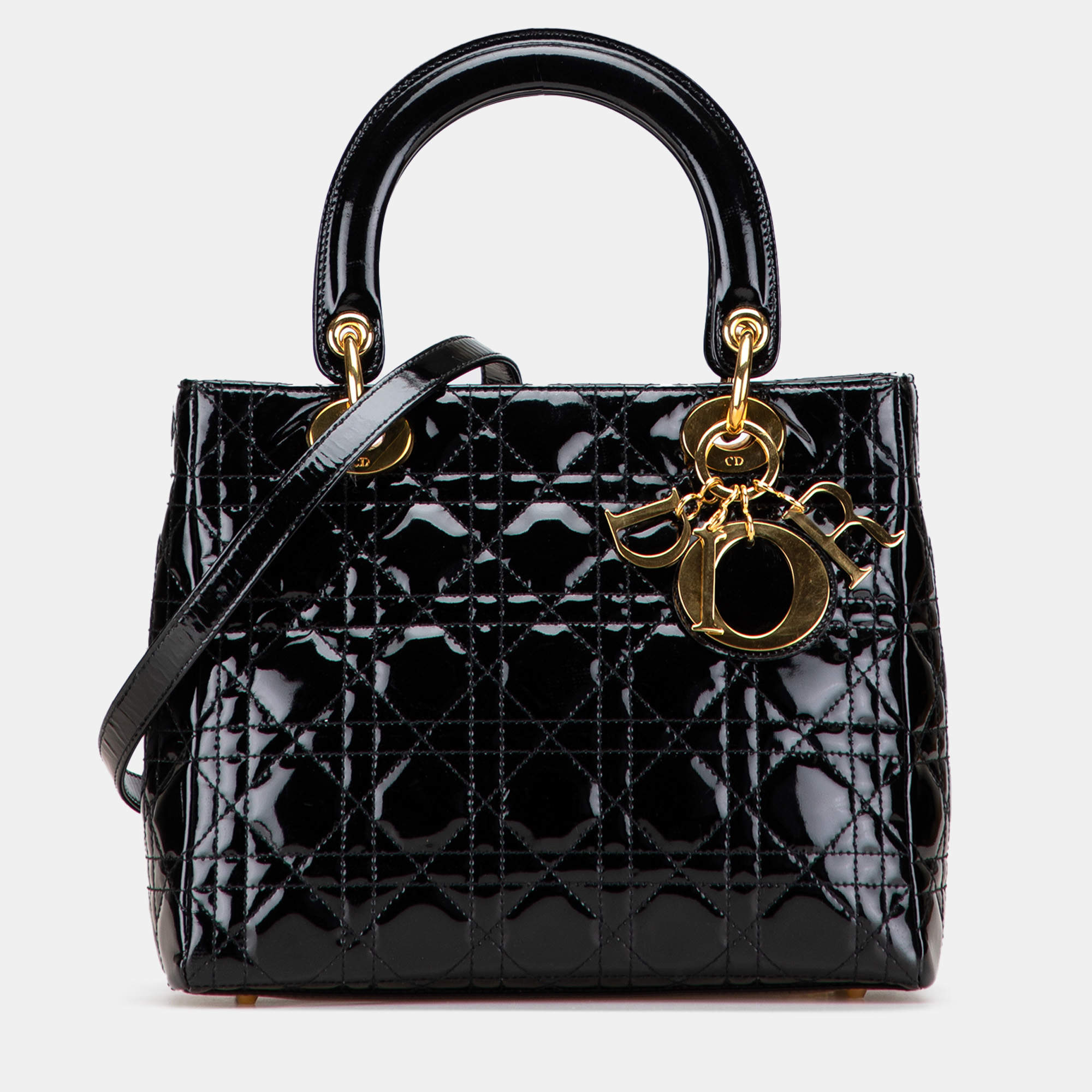 Pre Owned Dior Black Medium Patent Cannage Lady Dior