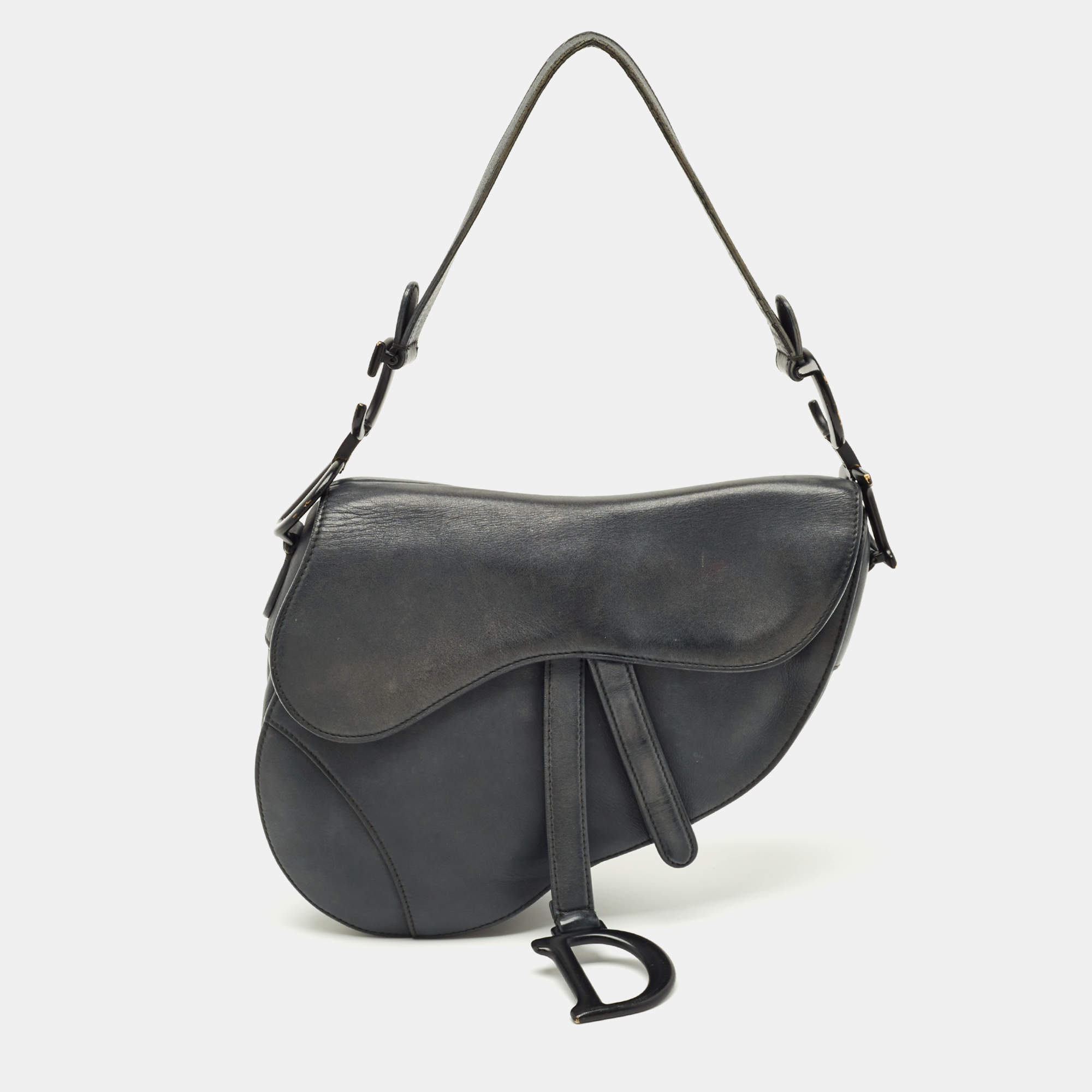 Pre Owned Dior Dark Grey Leather Saddle Bag