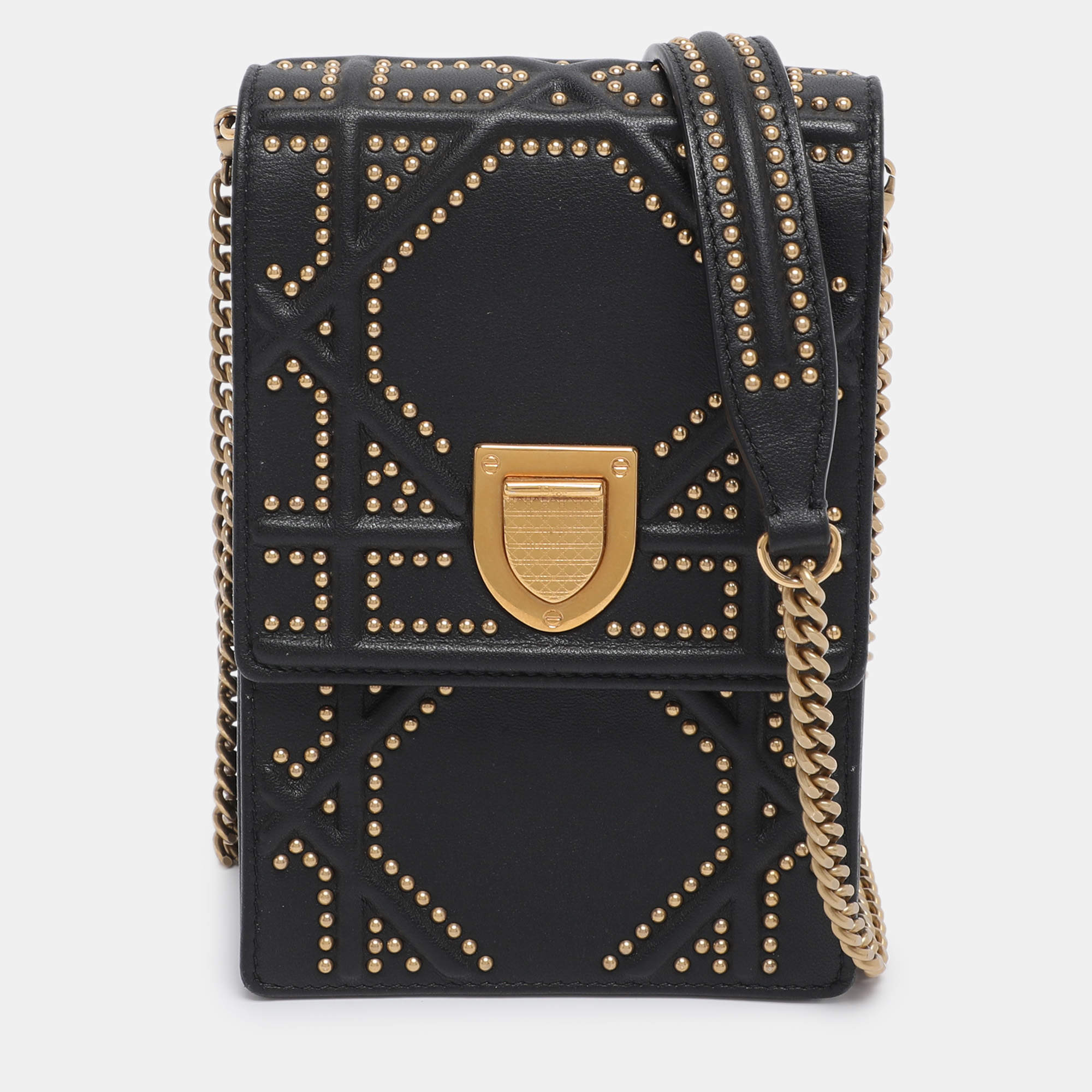 Pre Owned Dior Black Leather Studded Diorama Vertical Chain Clutch