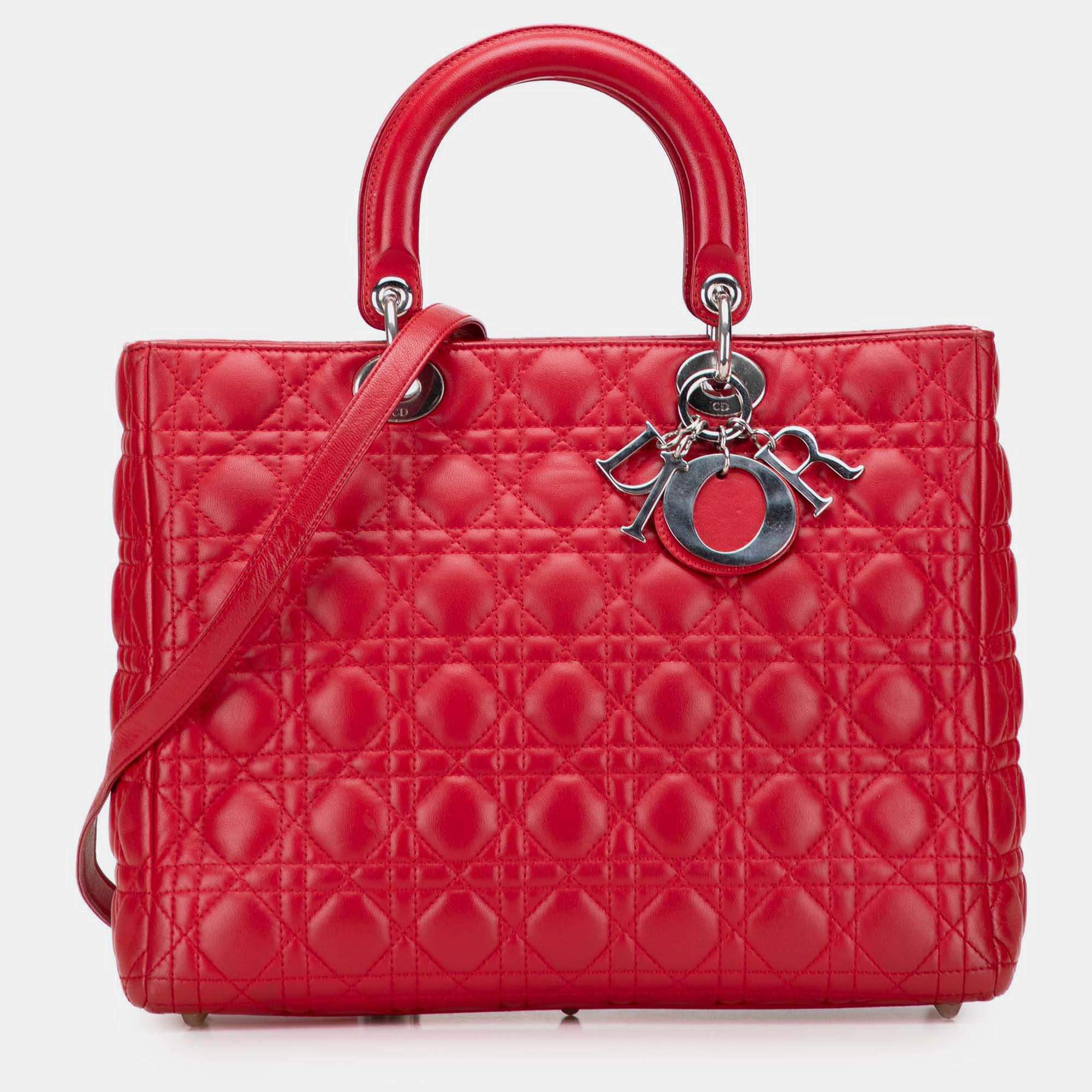 Pre Owned Dior Red Large Lambskin Cannage Lady Dior