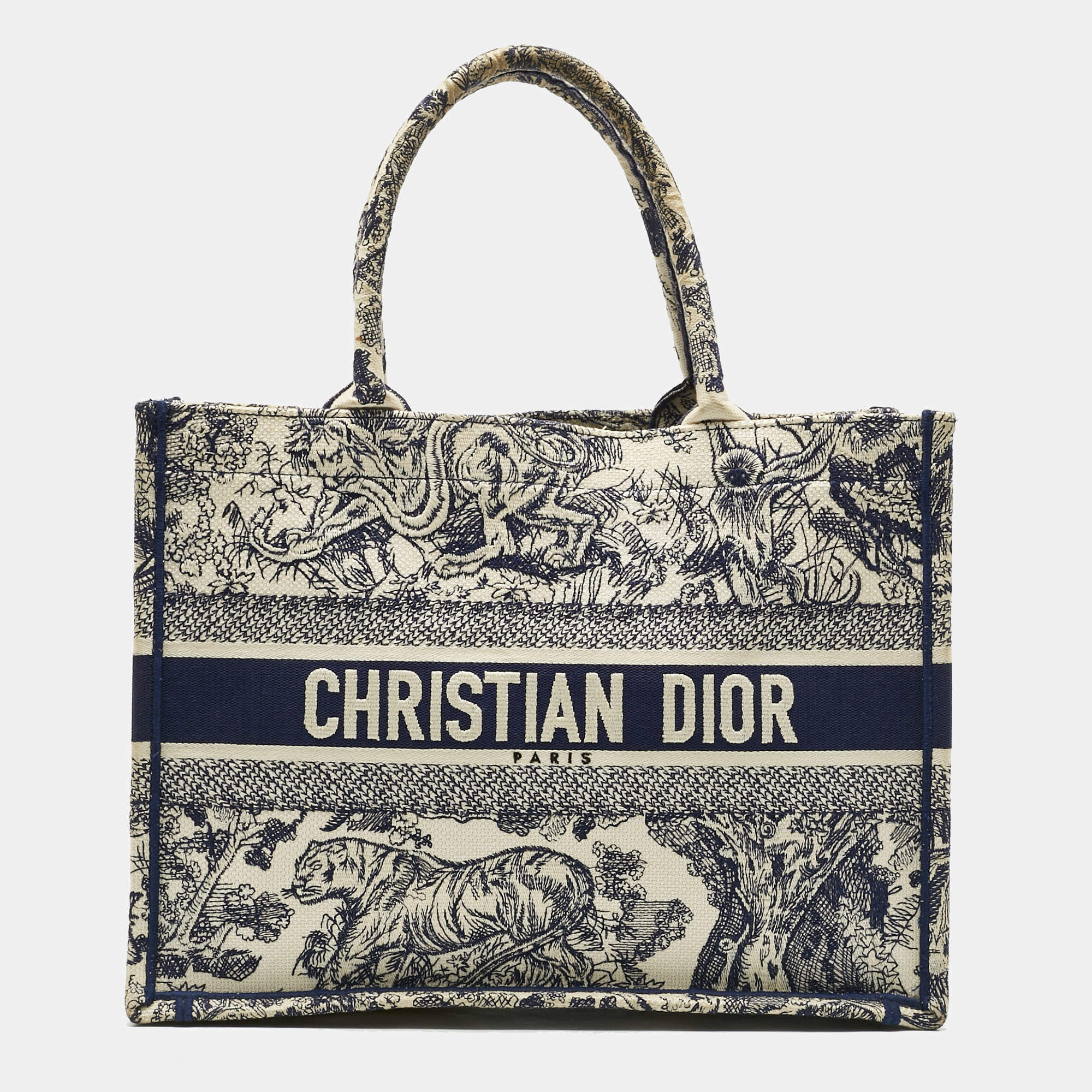 Pre Owned Dior Blue/Beige Toile De Jouy Embroidered Canvas Medium Book Tote