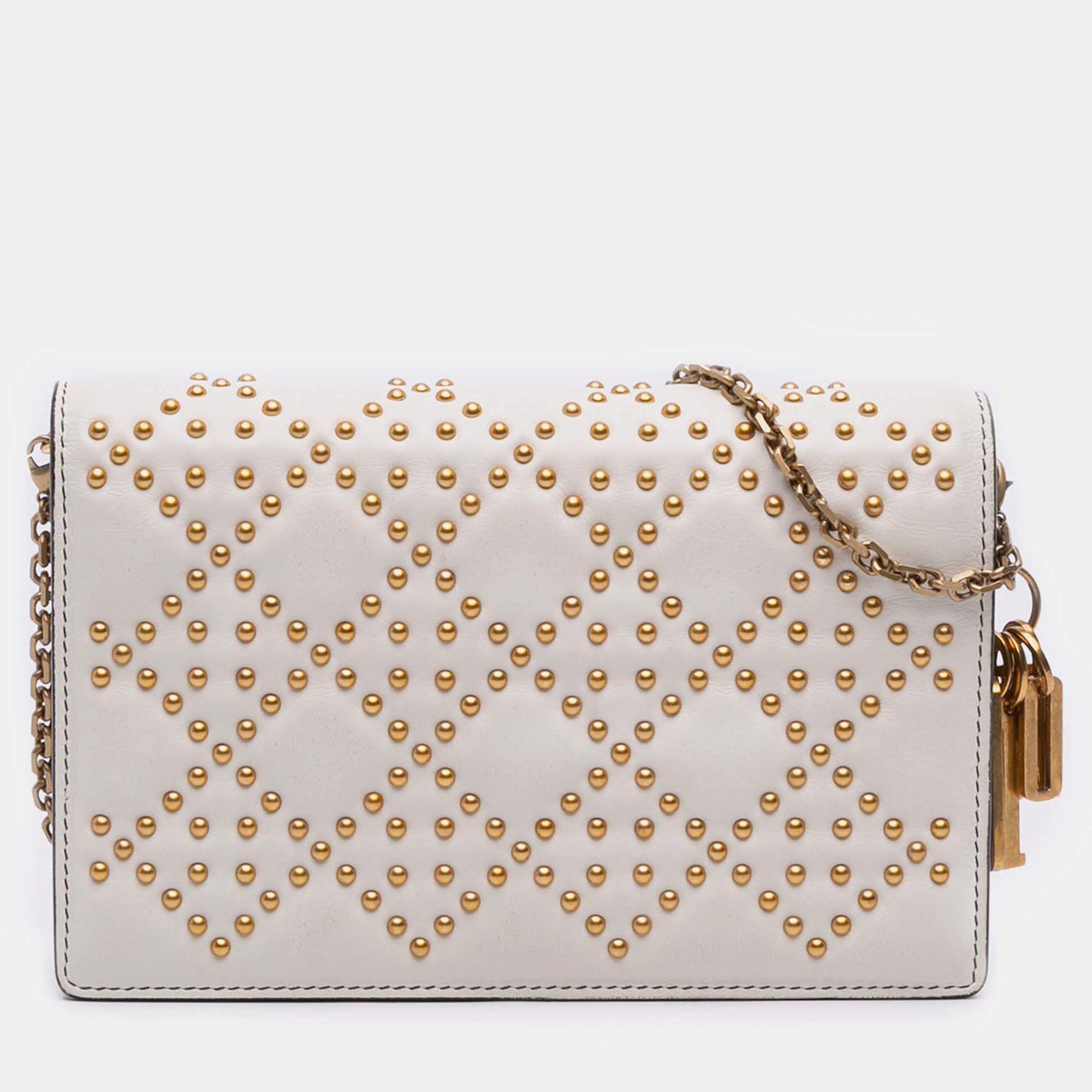 Pre Owned Dior Cream Studded Calfskin Cannage Lady Dior Wallet on Chain