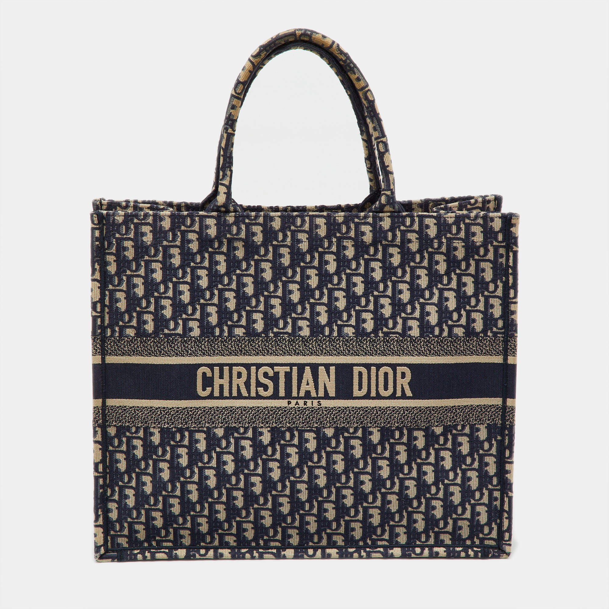 Pre Owned Dior Navy Blue Oblique Embroidered Canvas Large Book Tote