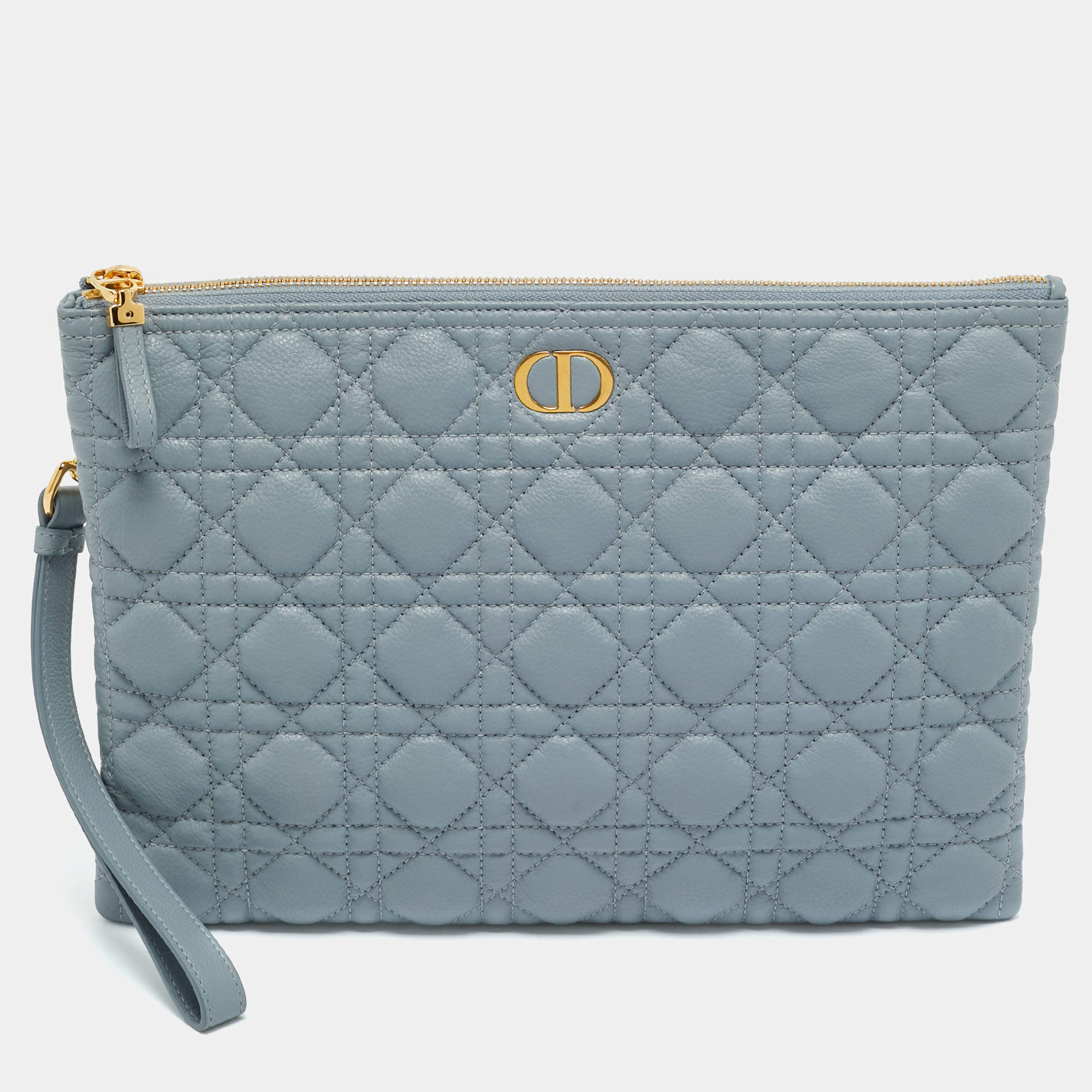 Pre Owned Dior Cloud Bue Cannage Leather Large Caro Daily Pouch