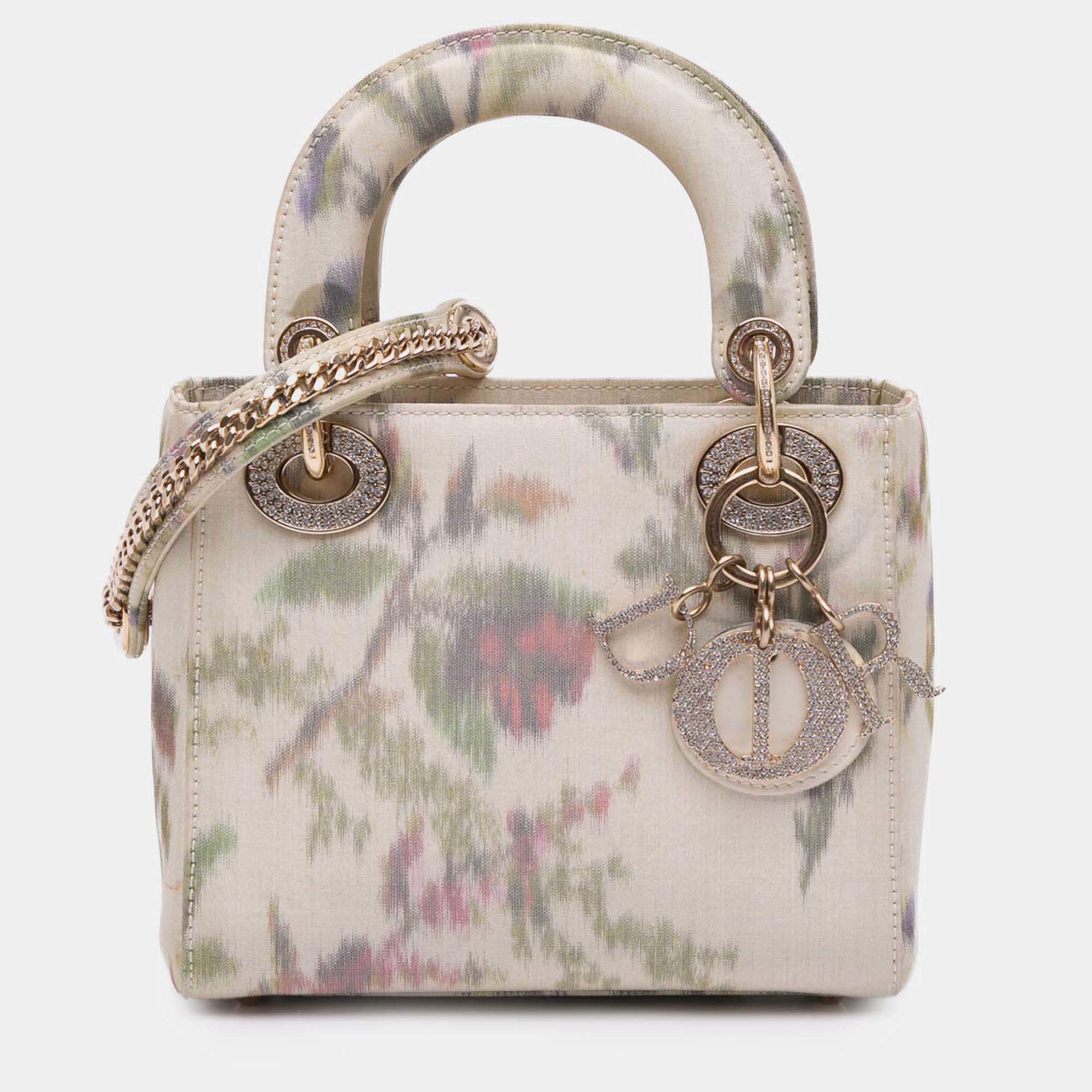 Pre Owned Dior White Mini Satin Floral Crystal Lady Dior