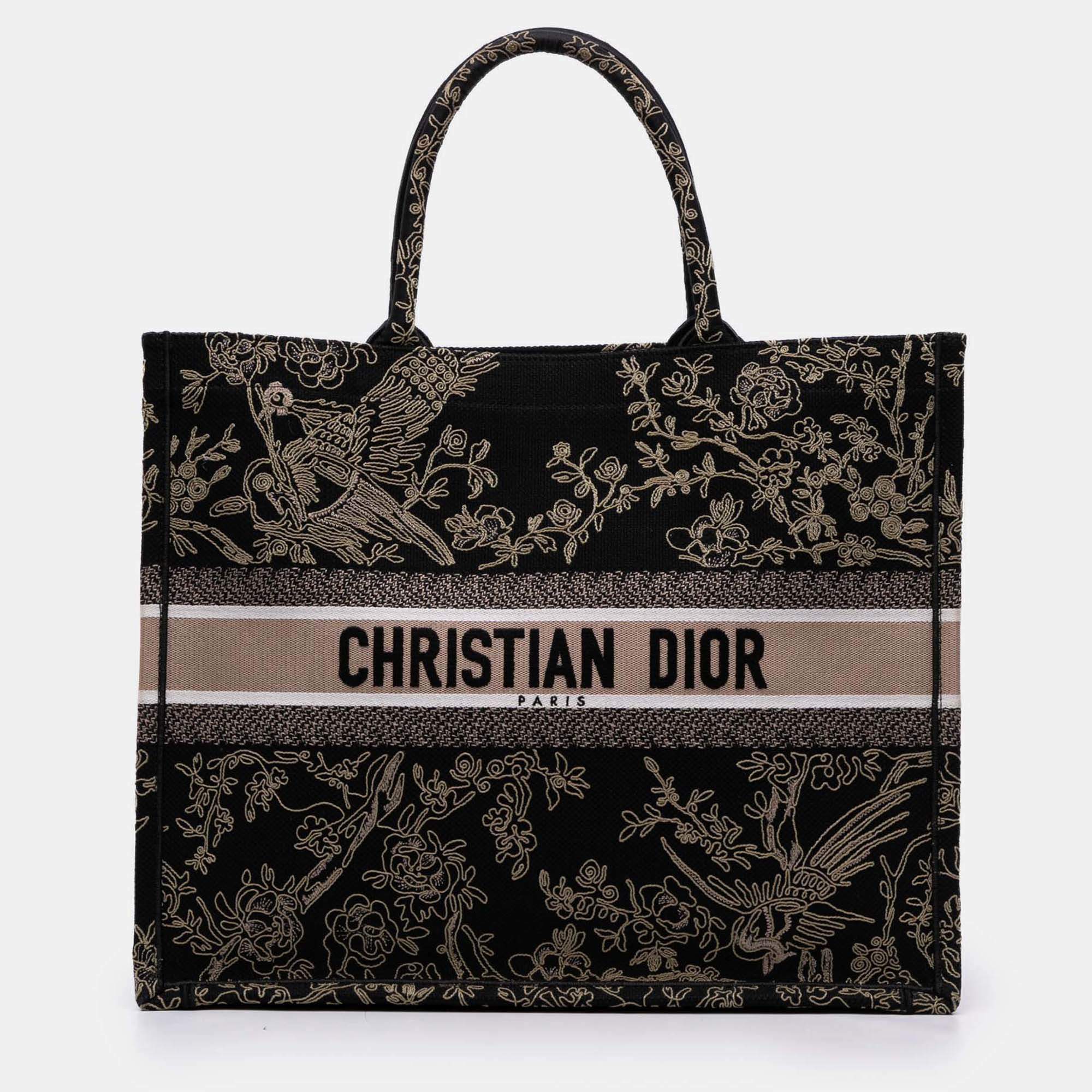 Pre Owned Dior Black Large Canvas Embroidered Jardin d'Hiver Book Tote