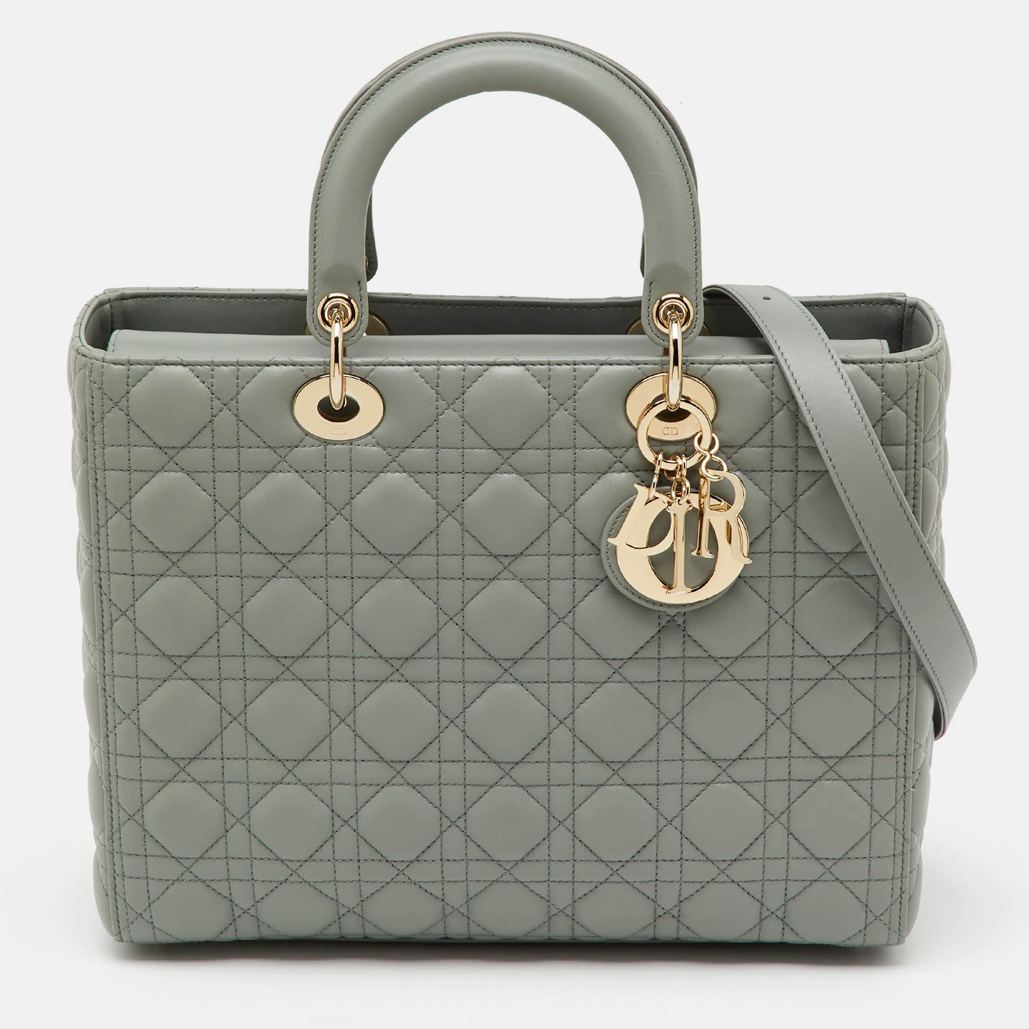 Pre Owned Dior Light Grey Cannage Leather Large Lady Dior Tote