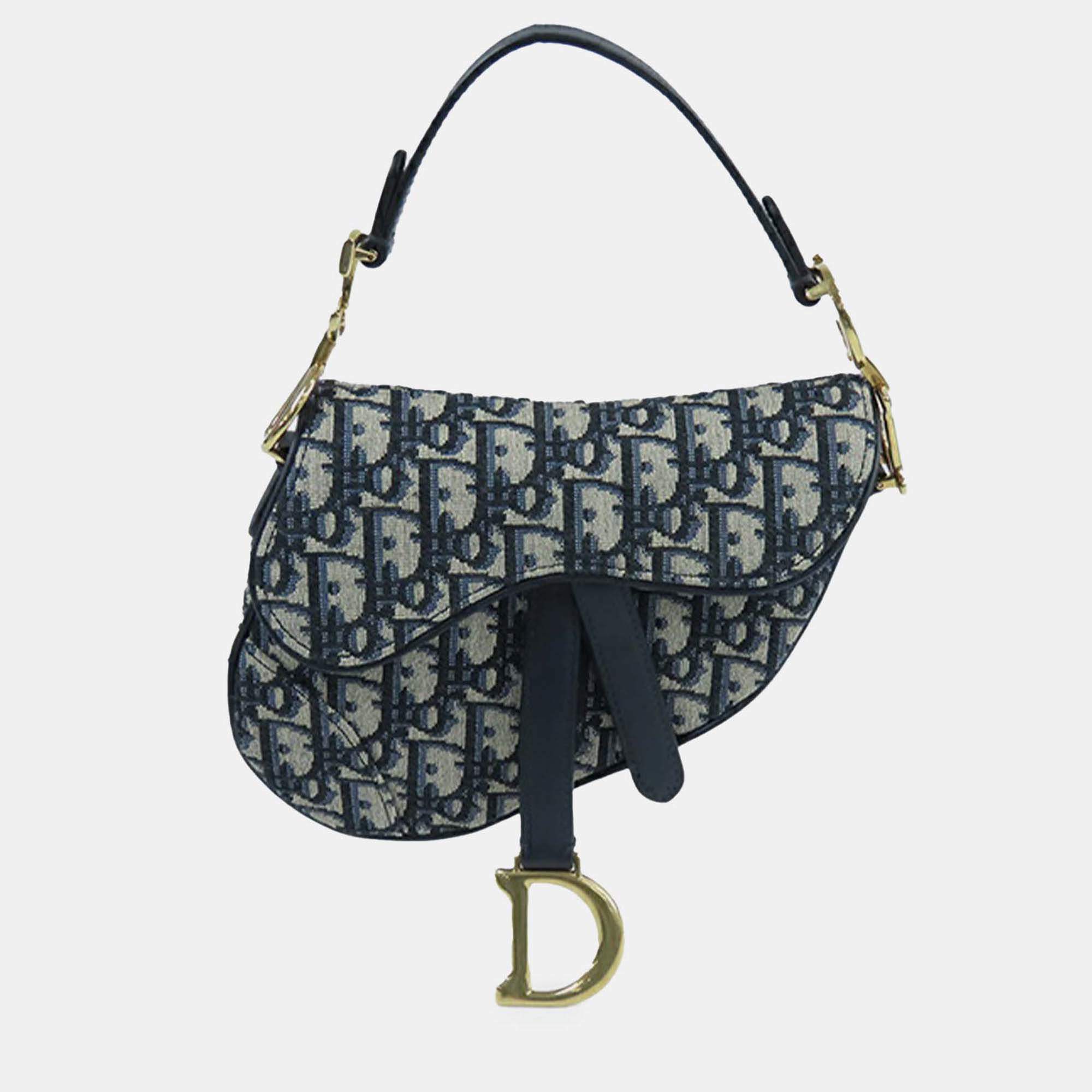 Pre Owned Dior Navy Blue Mini Oblique Canvas Saddle Bag