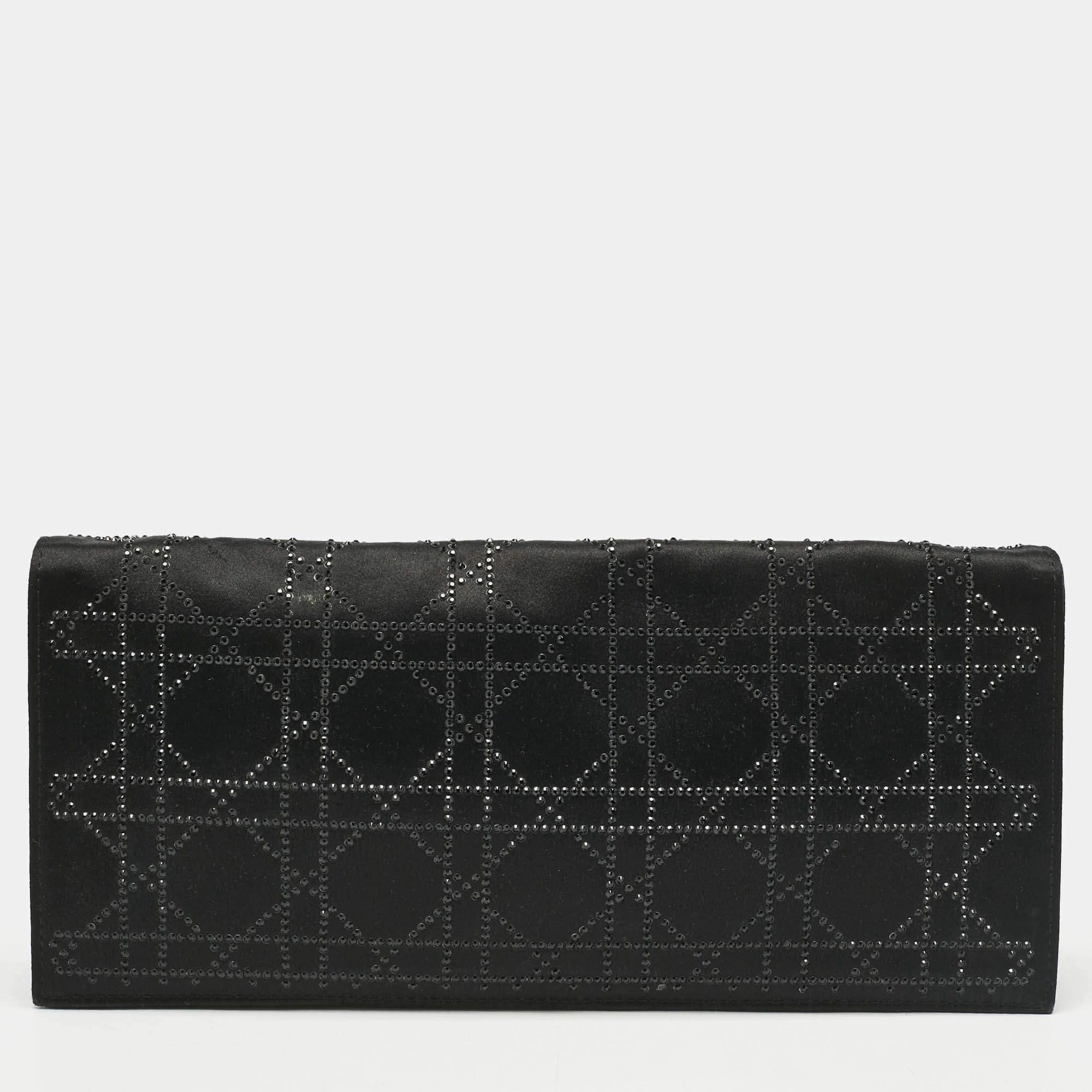 Pre Owned Dior Black Cannage Satin Crystals Lady Dior Chain Clutch