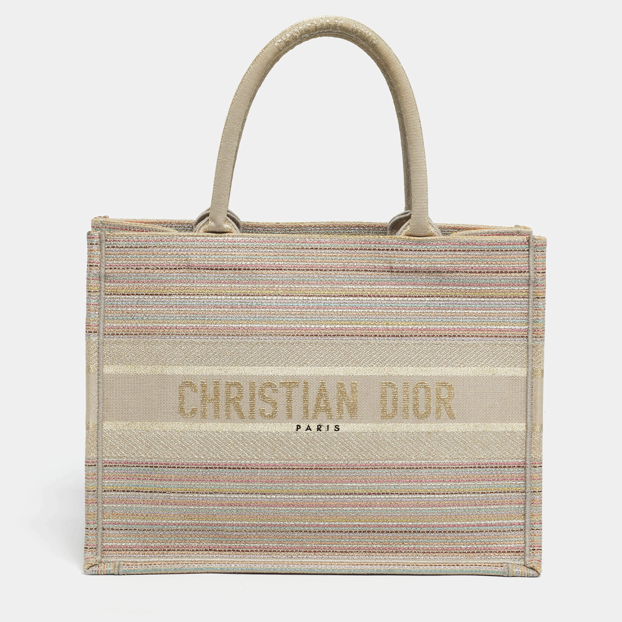 Pre Owned Dior Multicolor Embroidered Stripes Canvas Medium Book Tote 