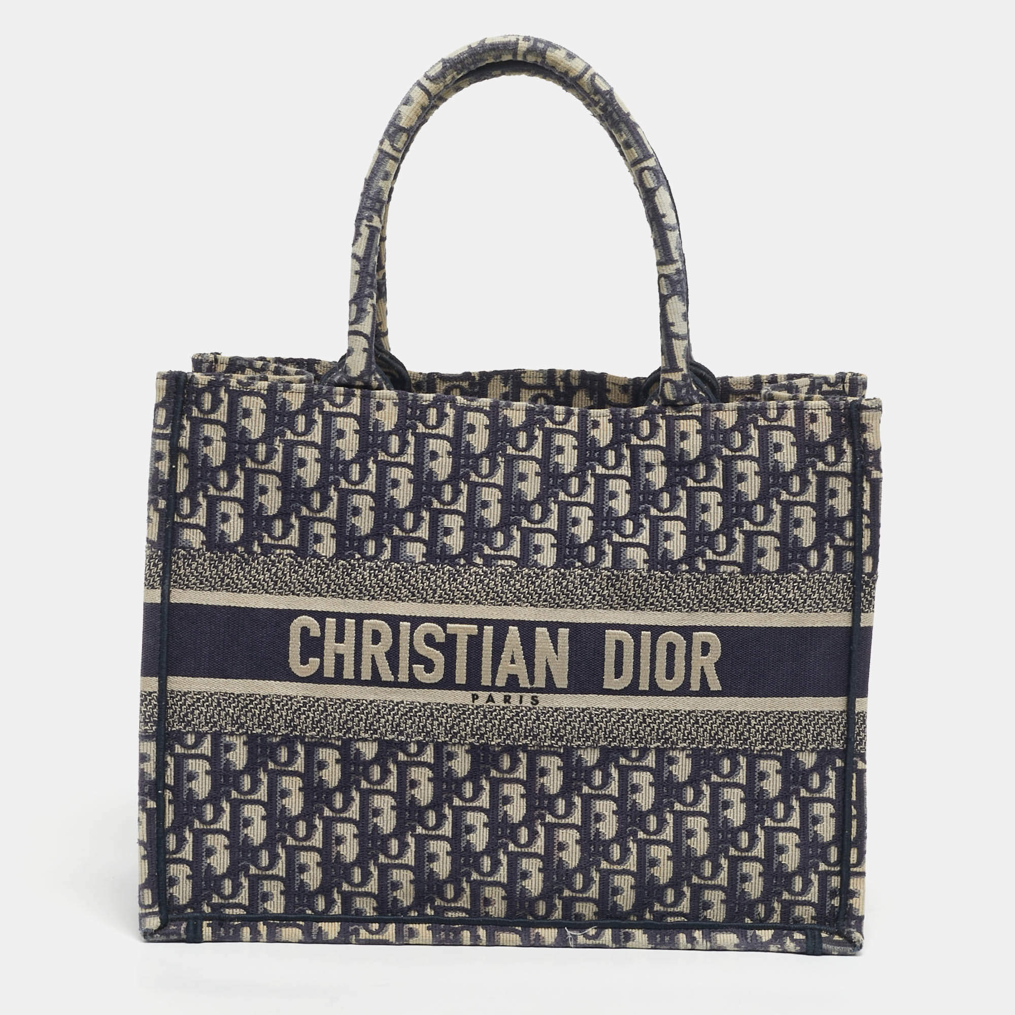 Pre Owned Dior Navy Blue Oblique Embroidered Canvas Small Book Tote 