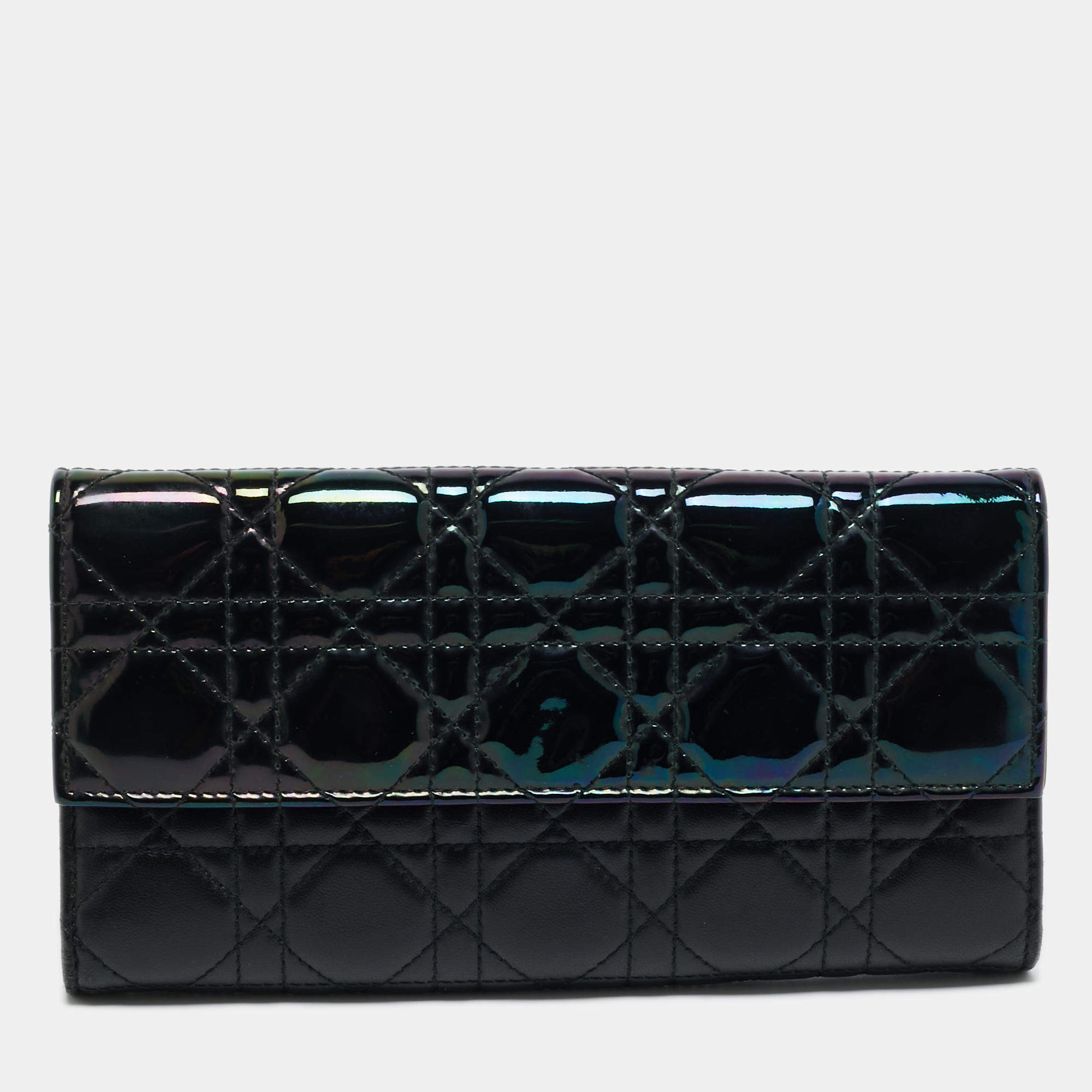 Pre Owned Dior Black Iridescent Cannage Patent and Leather Lady Dior Chain Flap Wallet