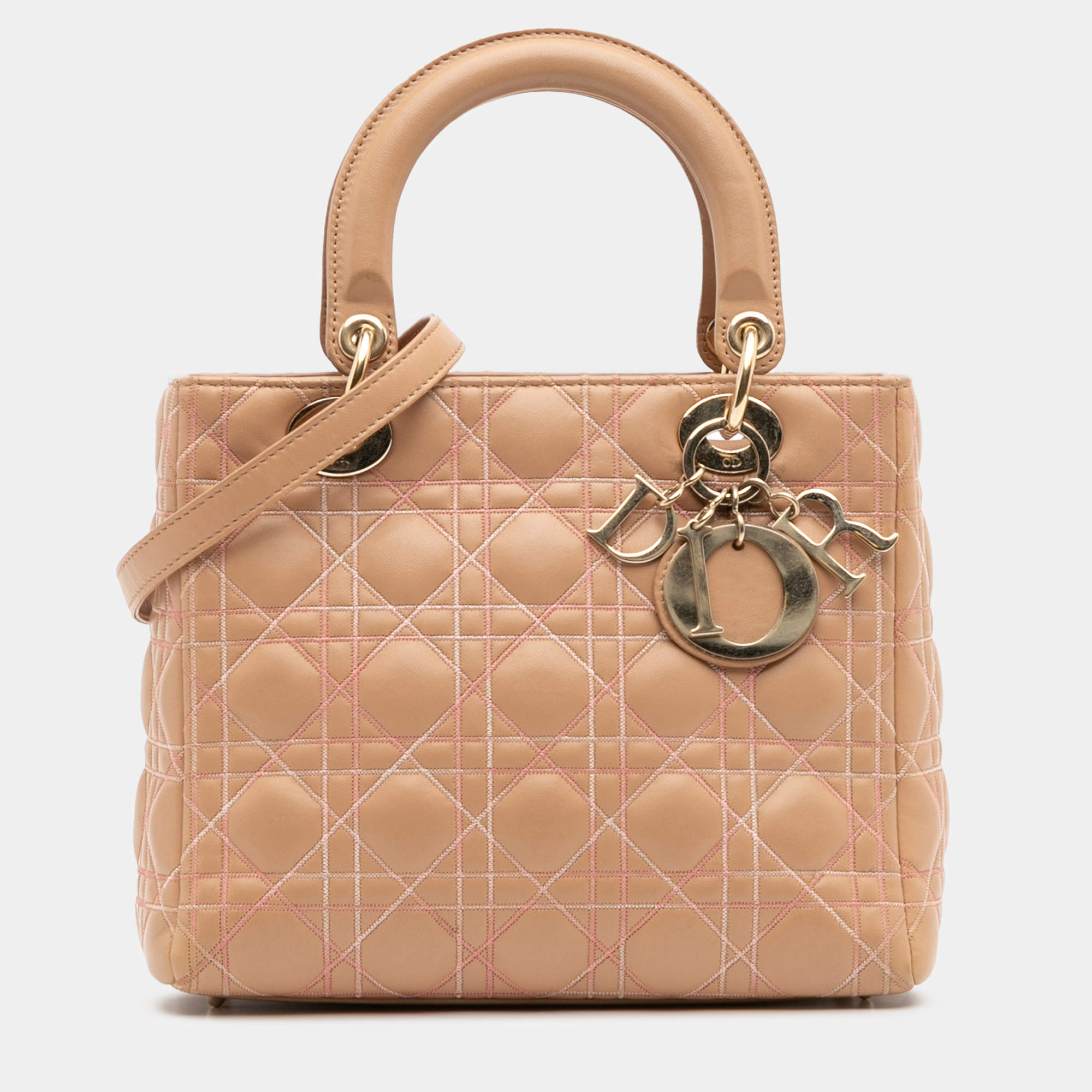 Pre Owned Dior Beige Medium Lambskin Cannage Contrast Stitch Lady Dior